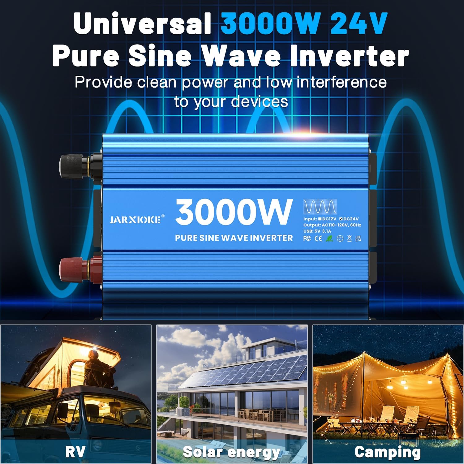 Detalle de 3000 Watt Pure Sine Wave Inverter (24V DC to 110/120V) with 3 Outlets, USB, LCD and Remote