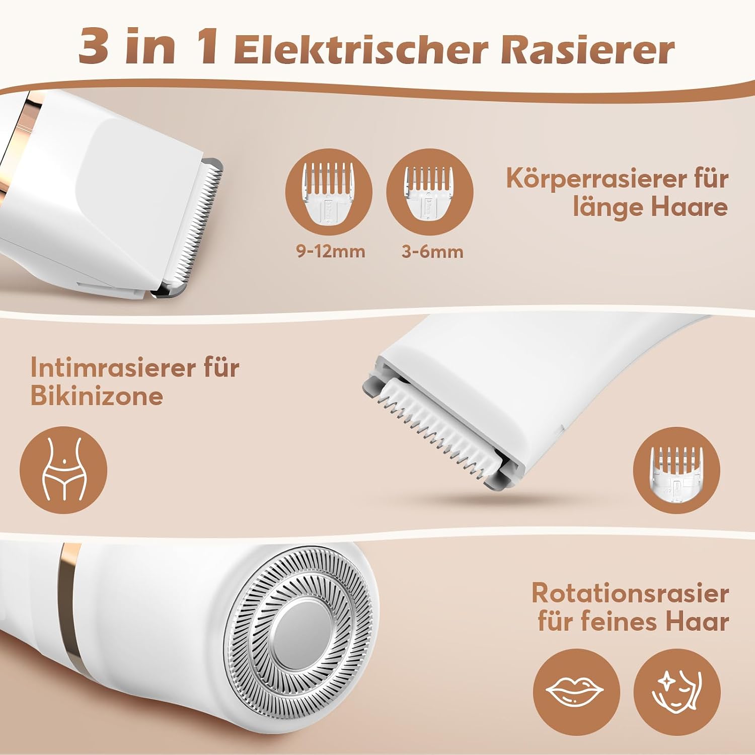 Detalle de Kotopa Intimrasierer für Frauen – 3 Aufsätze, kabellos, IPX7, 1500mAh Akku