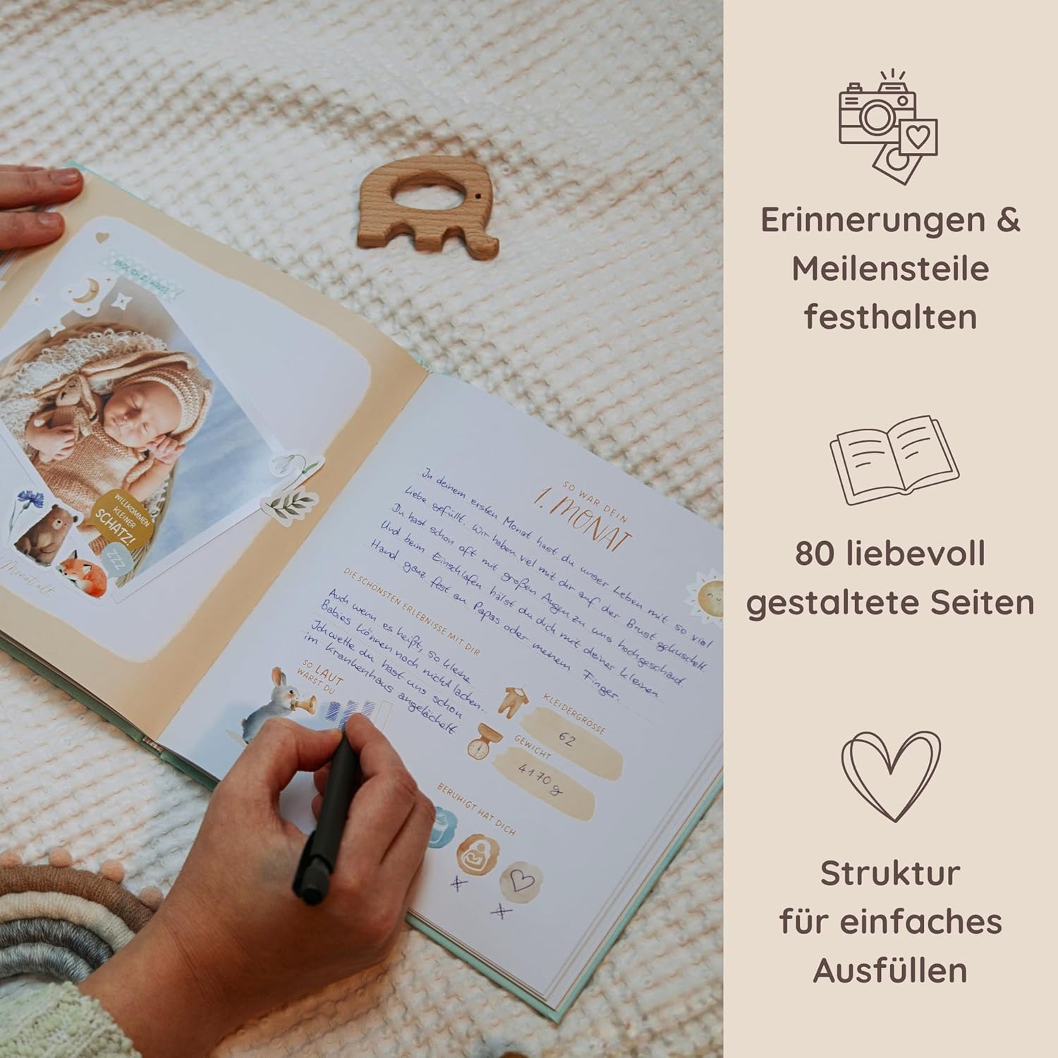 Thumbnail 4 de Mein erstes Jahr Babyalbum – Erinnerungsbuch mit Goldprägung, 80 Seiten (Natur)
