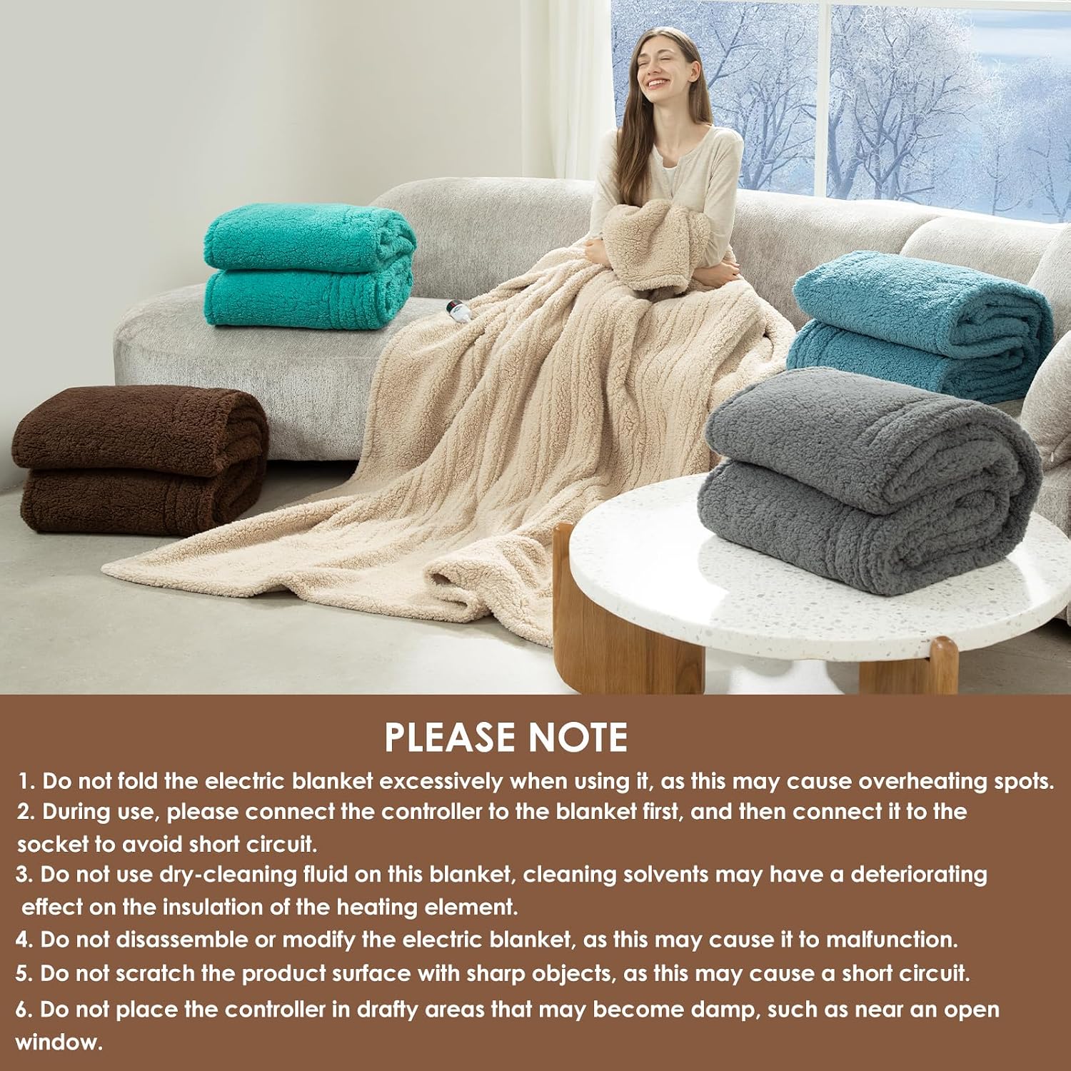 Detalle de LUZARTA Full-Size Heated Blanket, 72" x 84", Sherpa, 6 Heat Levels