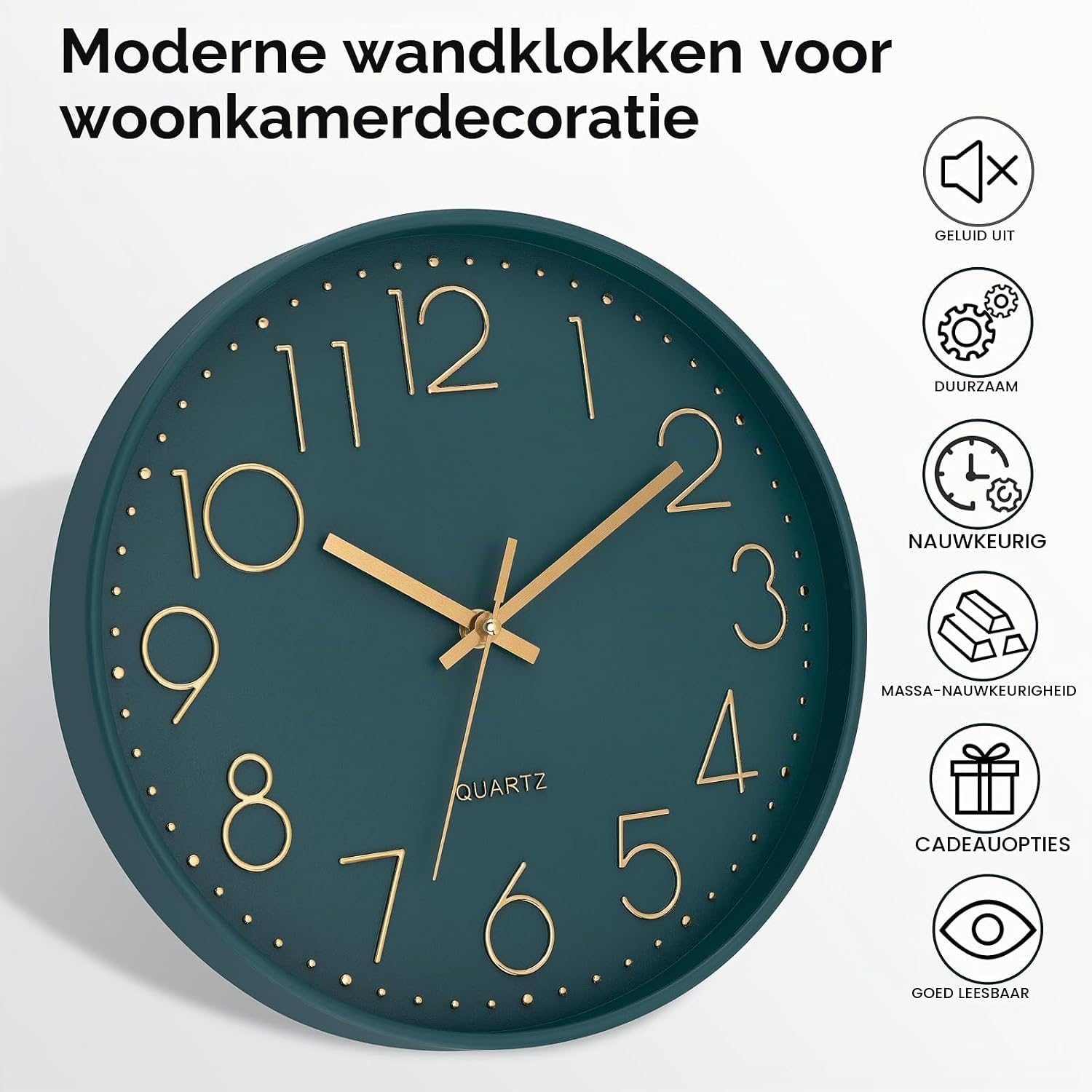 Detalle 2 de Lumuasky horloge murale moderne-vert wandklok 12 inch, stil en smaragdgroen
