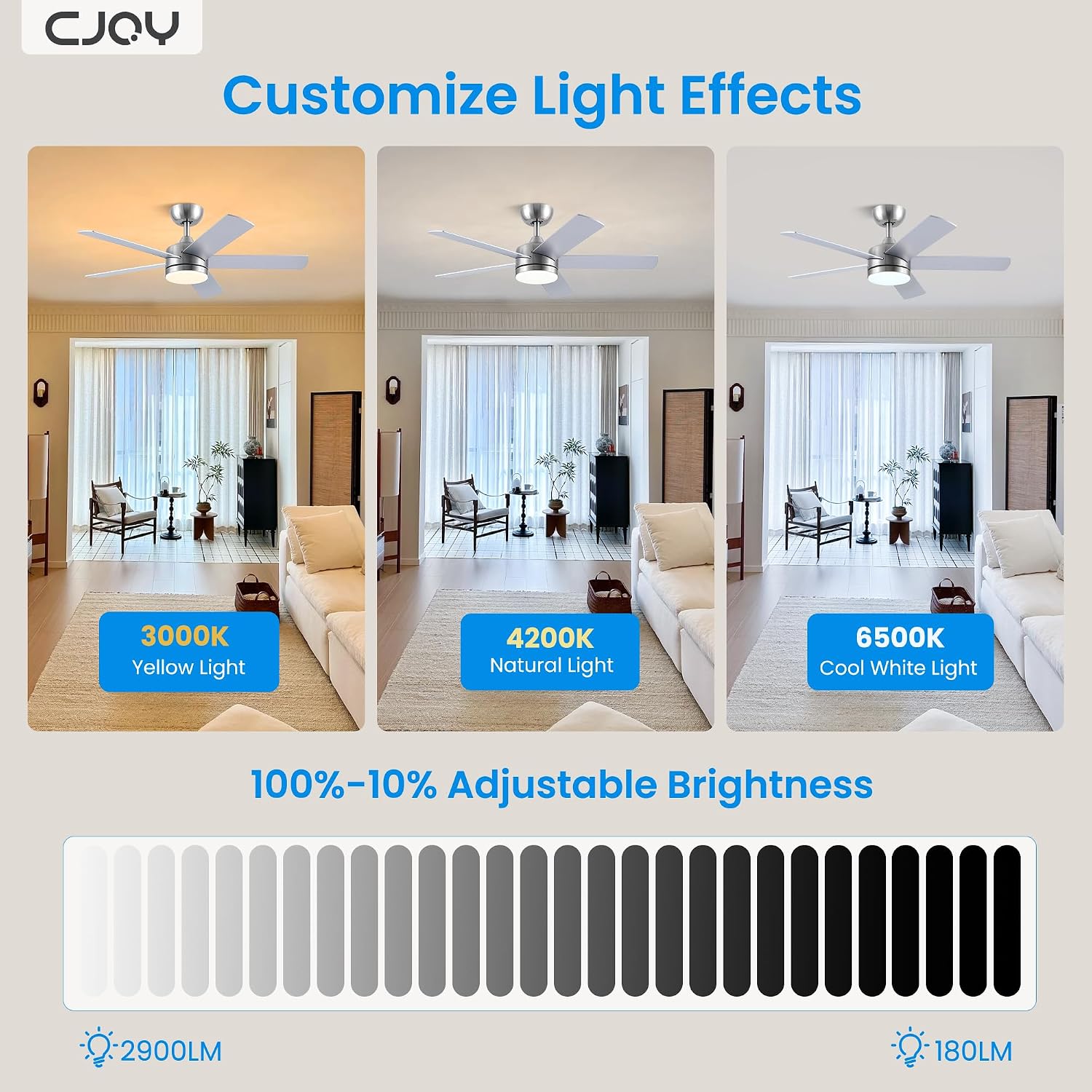 Thumbnail 3 de CJOY 42-inch Silver Ceiling Fan with Lights and Remote, 6 Speeds, DC Motor, 3CCT, Dimmable, Sleep & Timer