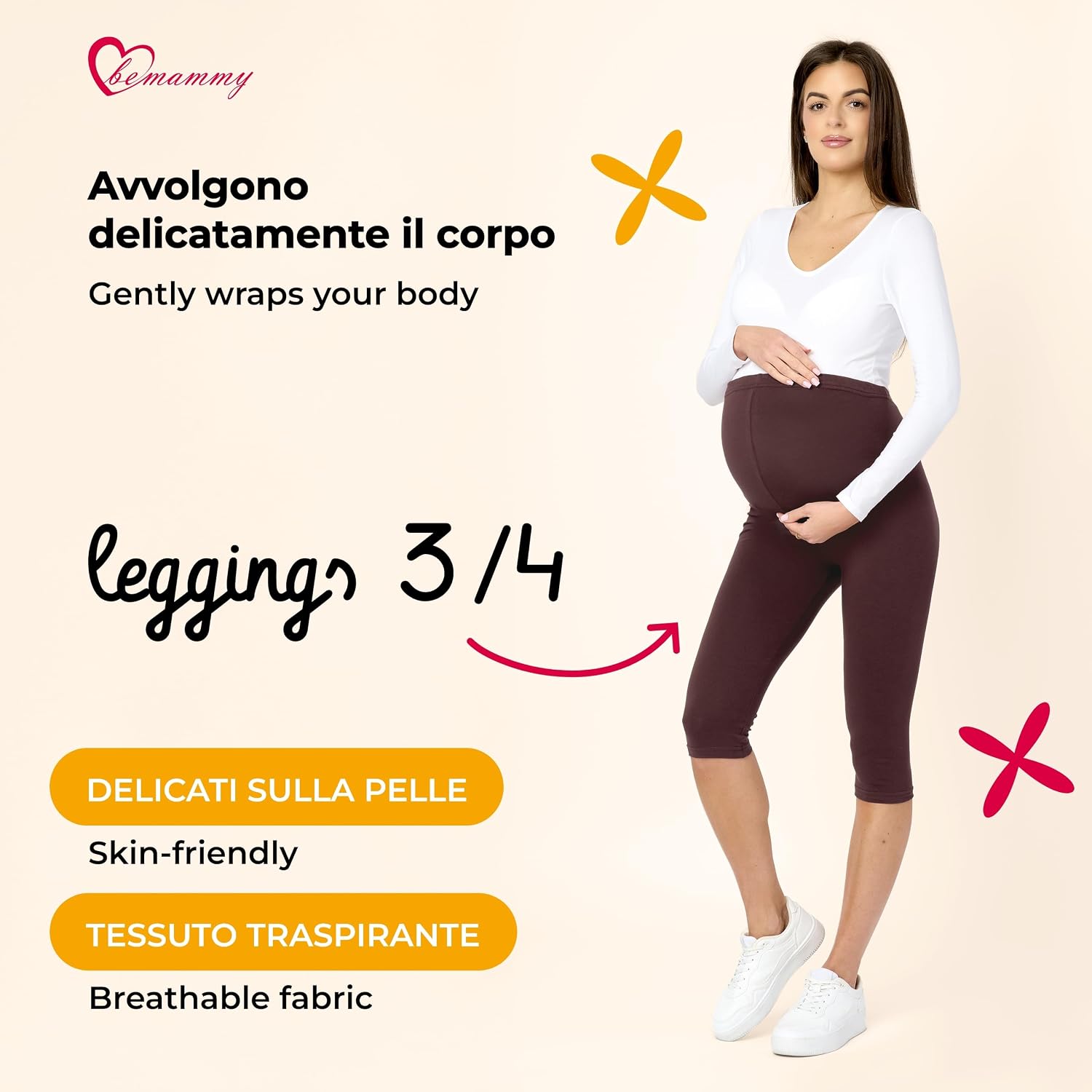 Detalle de Be Mammy Leggings premaman 3/4 BE20-229 a vita alta in cotone