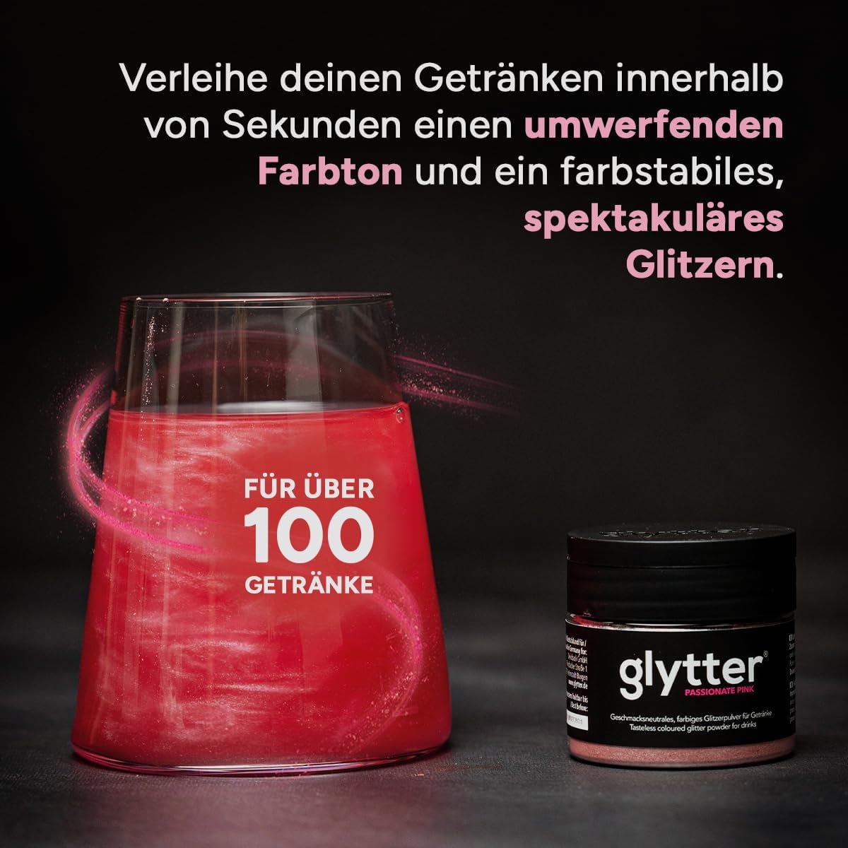 Detalle 2 de Glytter Glitzerpulver für Getränke in Pink – essbares Glitzerpuder für Drinks & Flüssigkeiten