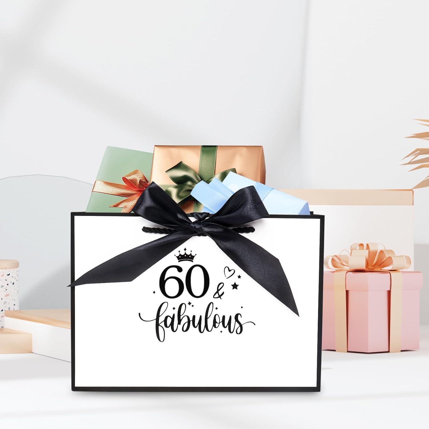 Detalle de 11.0× 8.0× 4.0 Inches 60th Birthday Gift Bag for Women – White Paper Gift Bag with Tissue Paper and Card