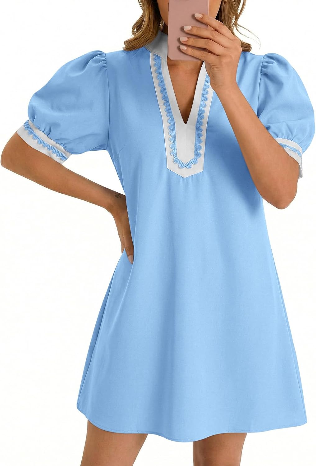 Thumbnail 6 de Wenrine Womens Summer Mini Dress: Floral Puff Sleeve V-Neck Boho with Pockets