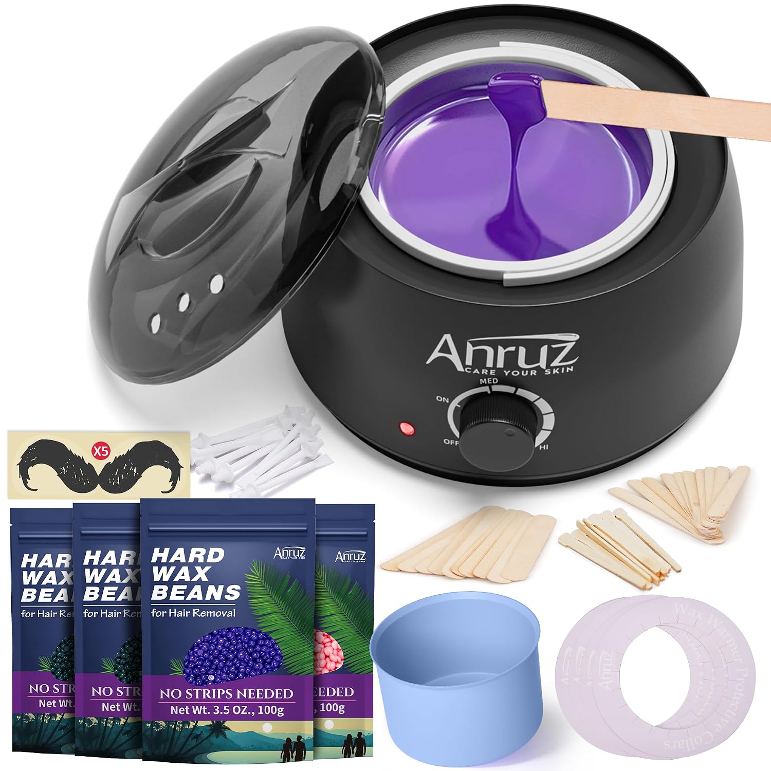 Detalle de ANRUZ Waxing Kit (500 ml) with Silicone Bowl, 4 Bags Hard Wax Beads and 30 Wax Sticks