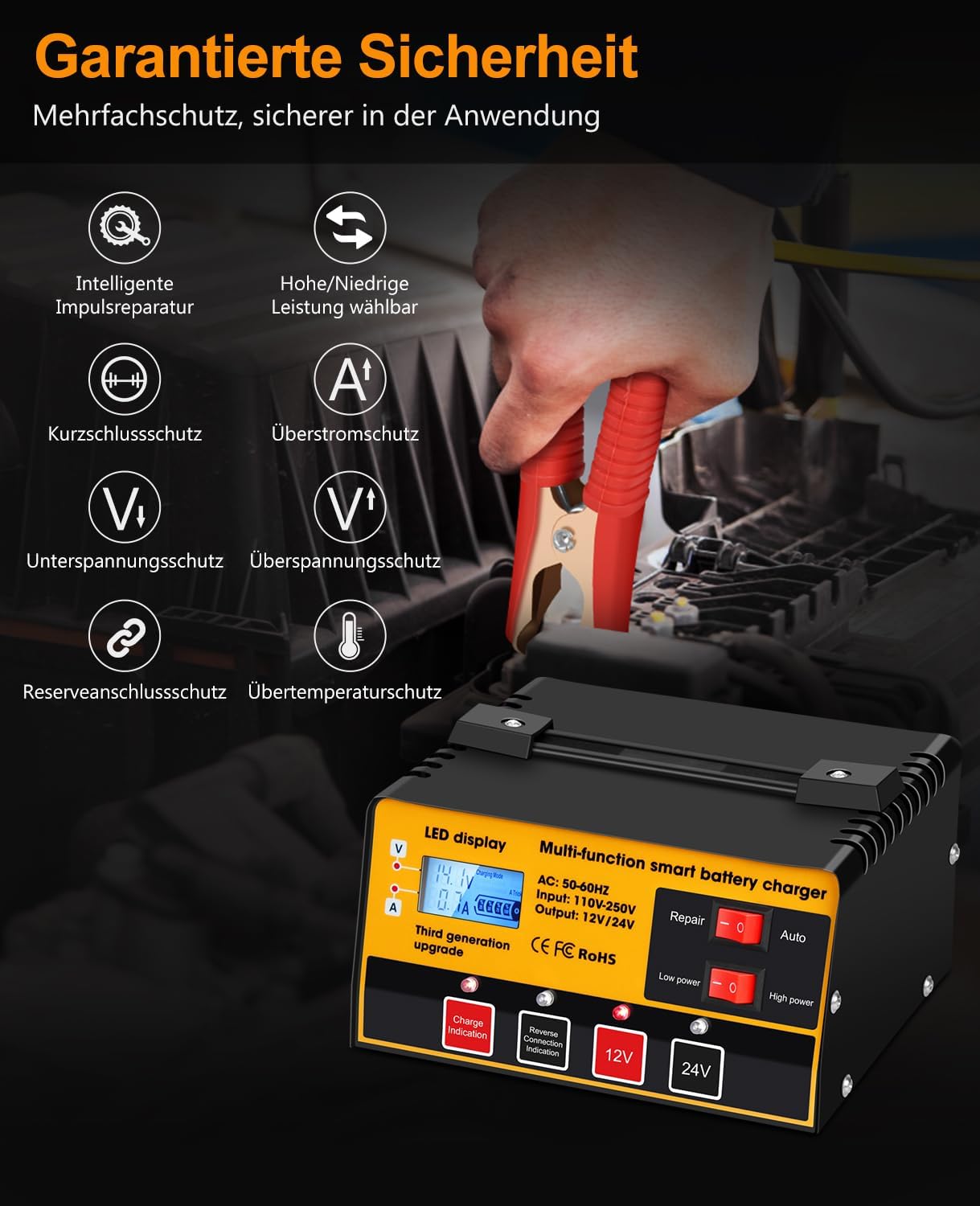 Thumbnail 3 de Arrinew Carica Batteria per Auto: caricabatterie intelligente con LCD, riparazione degli impulsi e protezioni avanzate