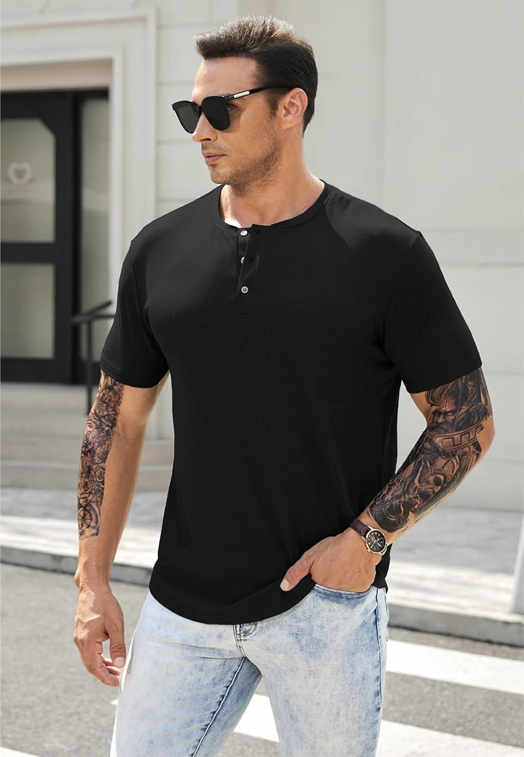 Thumbnail 2 de JMIERR Men's Muscle Slim Henley Shirt with Button Placket