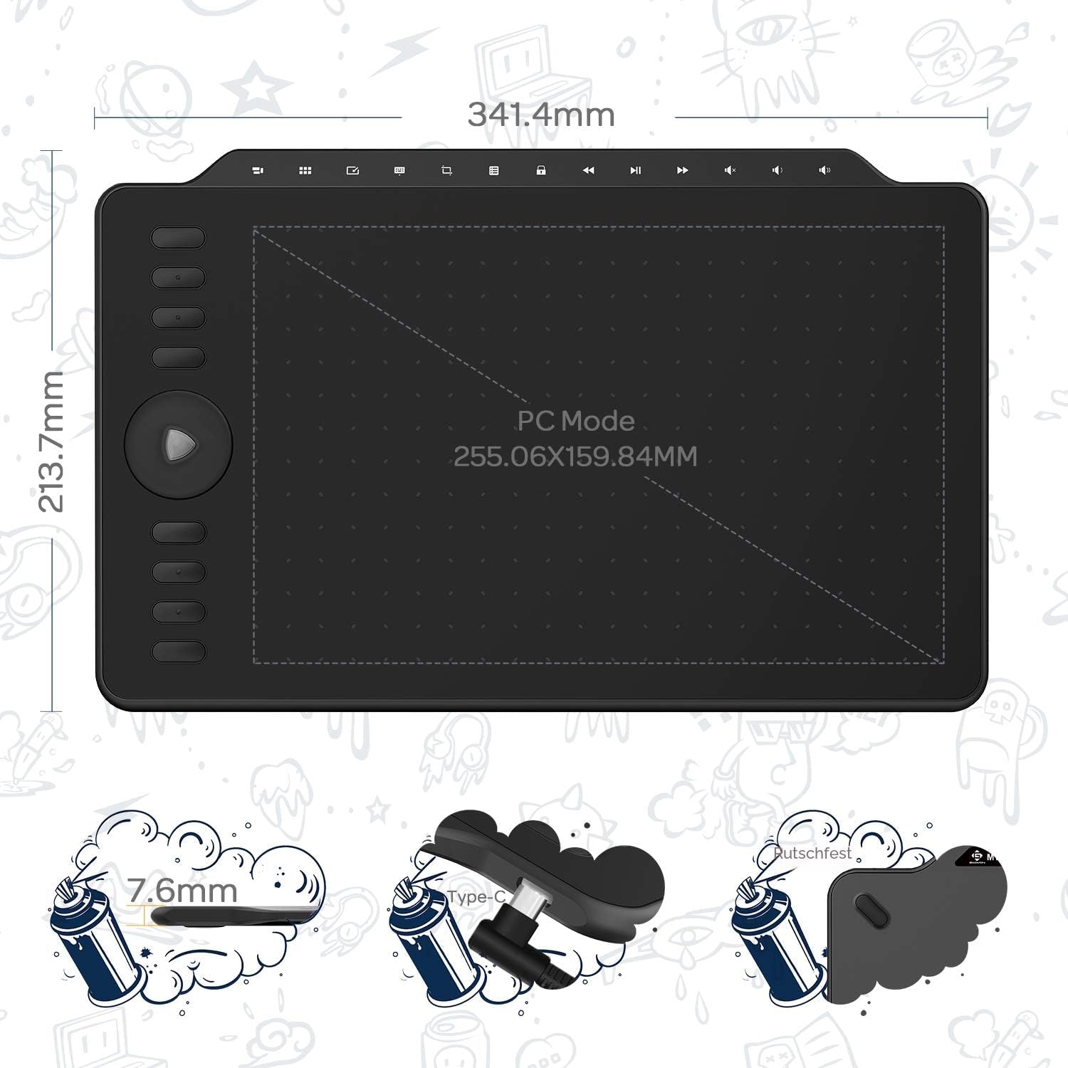 Detalle 2 de GAOMON M1220 Stifttablett mit 13 Multimedia-Tasten und 8 Zeichen-Tasten – für Android, Windows & macOS