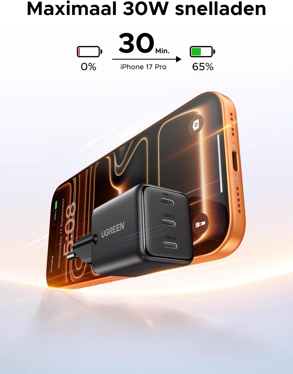 Detalle de UGREEN 30W GaN-oplader met drie USB-C-poorten voor gelijktijdig laden