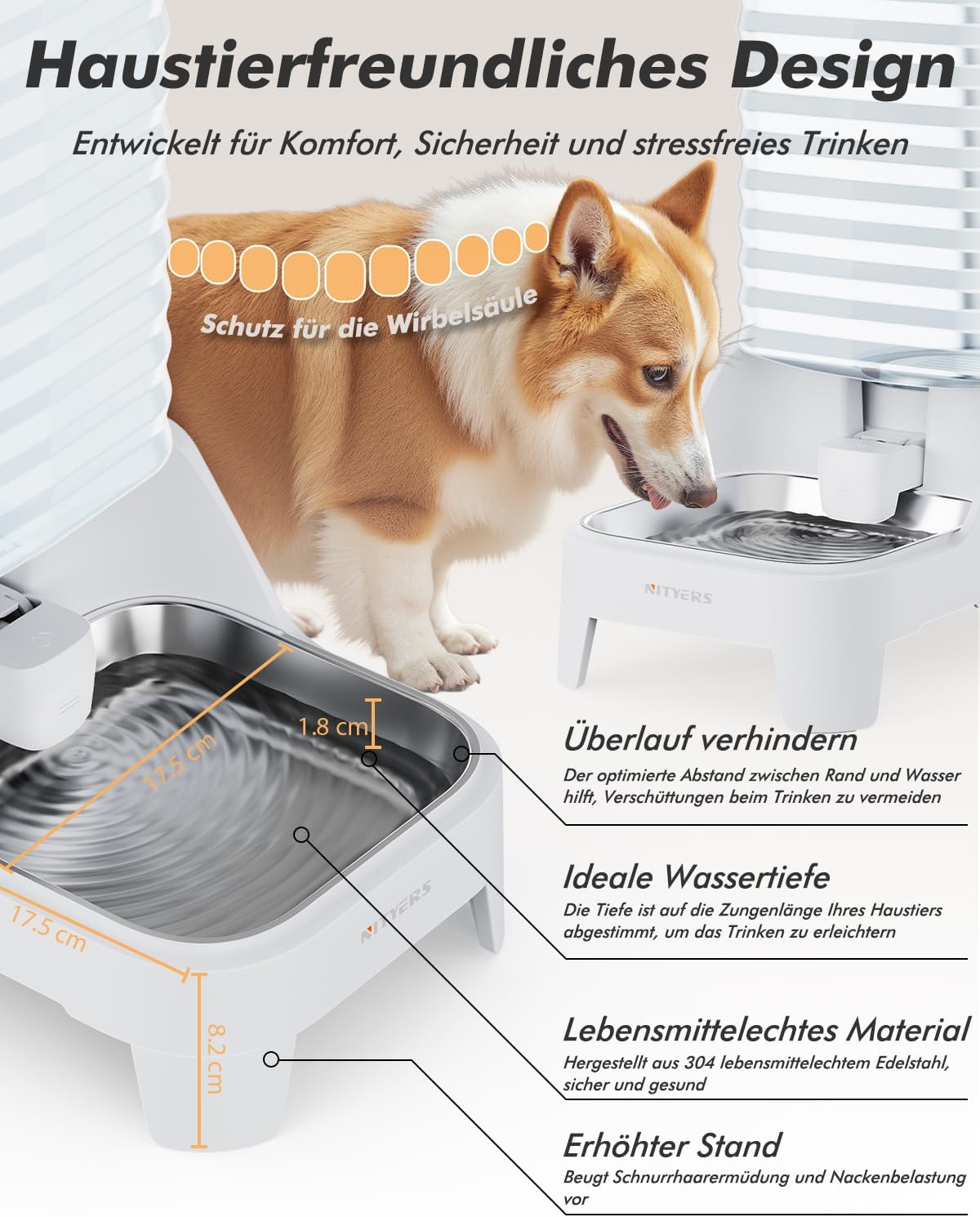 Detalle de 6L Wasserspender für Hunde und Katzen mit patentiertem Wasserhahn – BPA-frei, leicht zu reinigen, mit verstellbarem Sockel