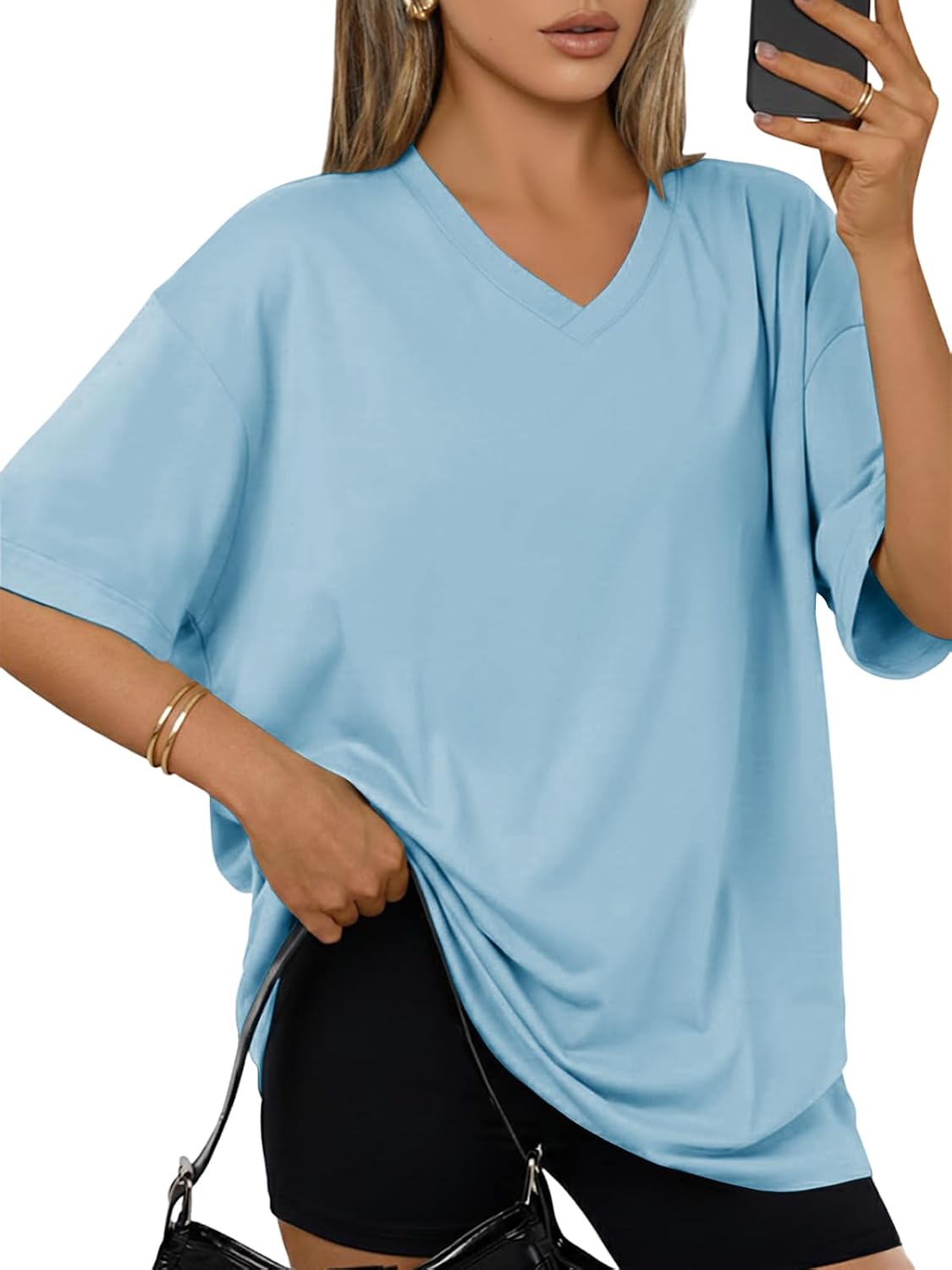 Detalle de Cuptacc Tee Shirt Femme Col V Été - T-Shirt Oversize à Manches Courtes