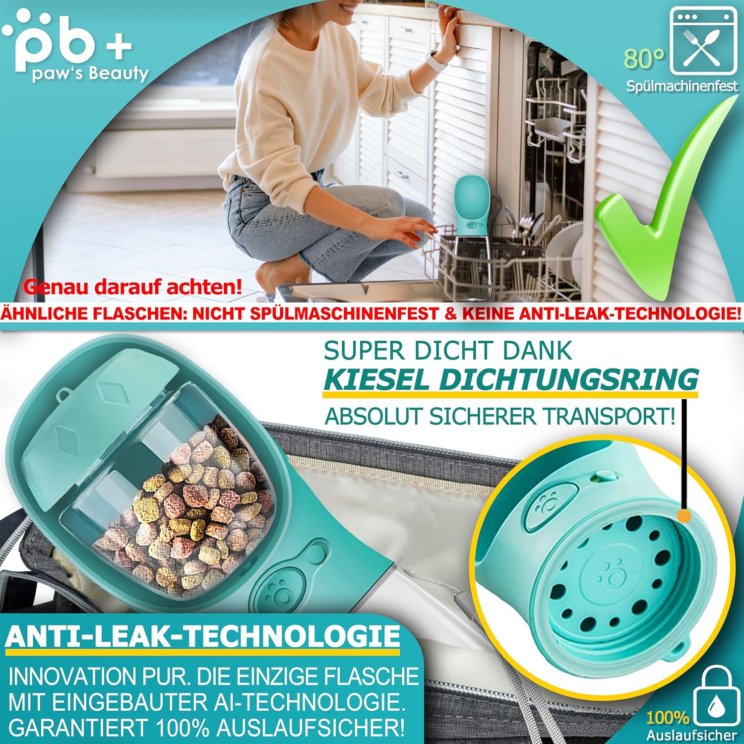 Detalle 1 de Paws Elegance 550ml - Türkis hondendrinkfles met voerhouder, BPA-vrij