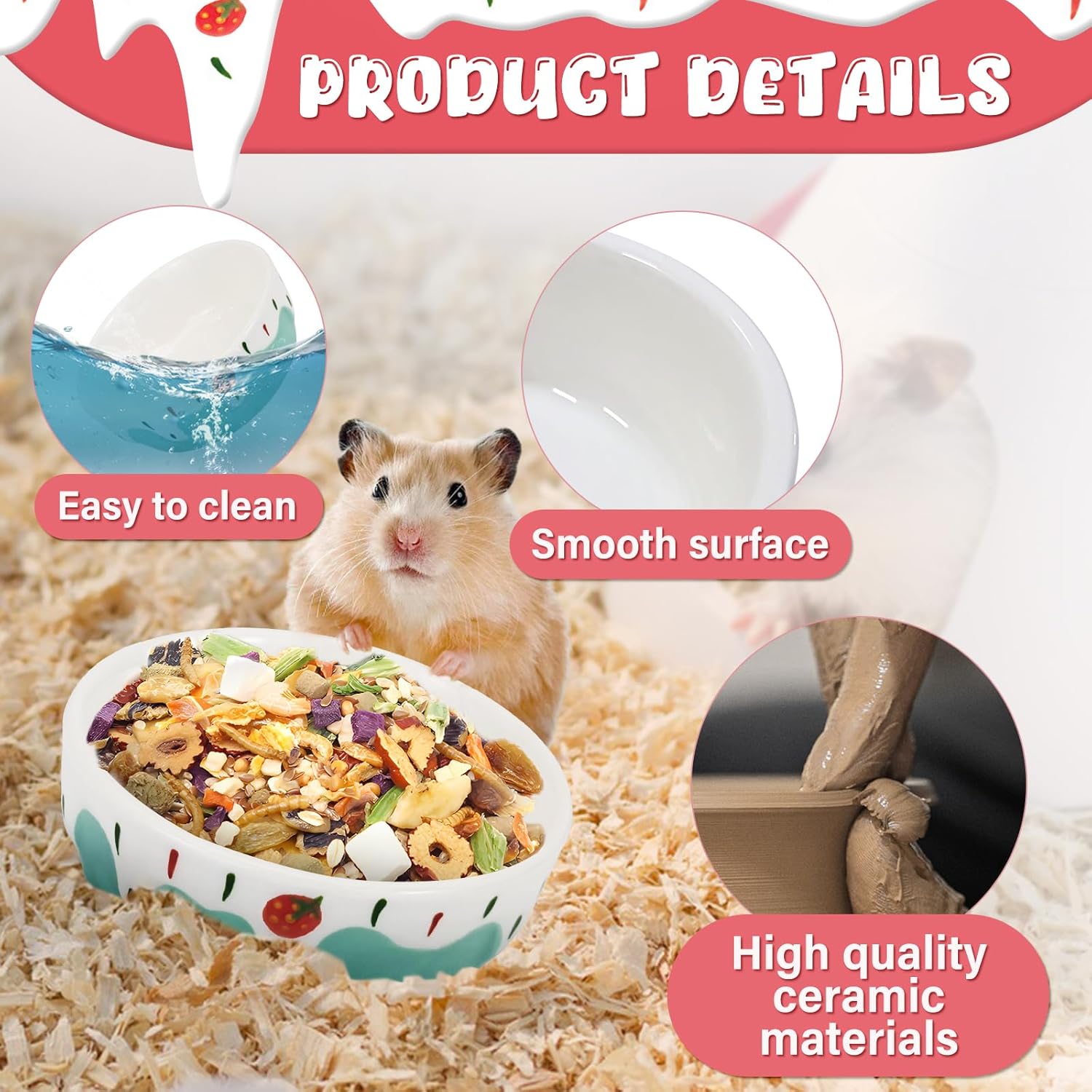 Thumbnail 1 de LuckyOpt round ceramic hamster bowl (blue) with strawberry pattern – anti-tipping, easy-clean food & water dish