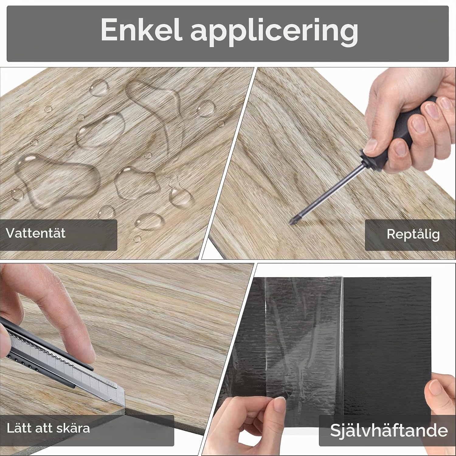 Detalle de UISEBRT självhäftande PVC-golv i vit ek, 18 plankor för cirka 2,5 m²