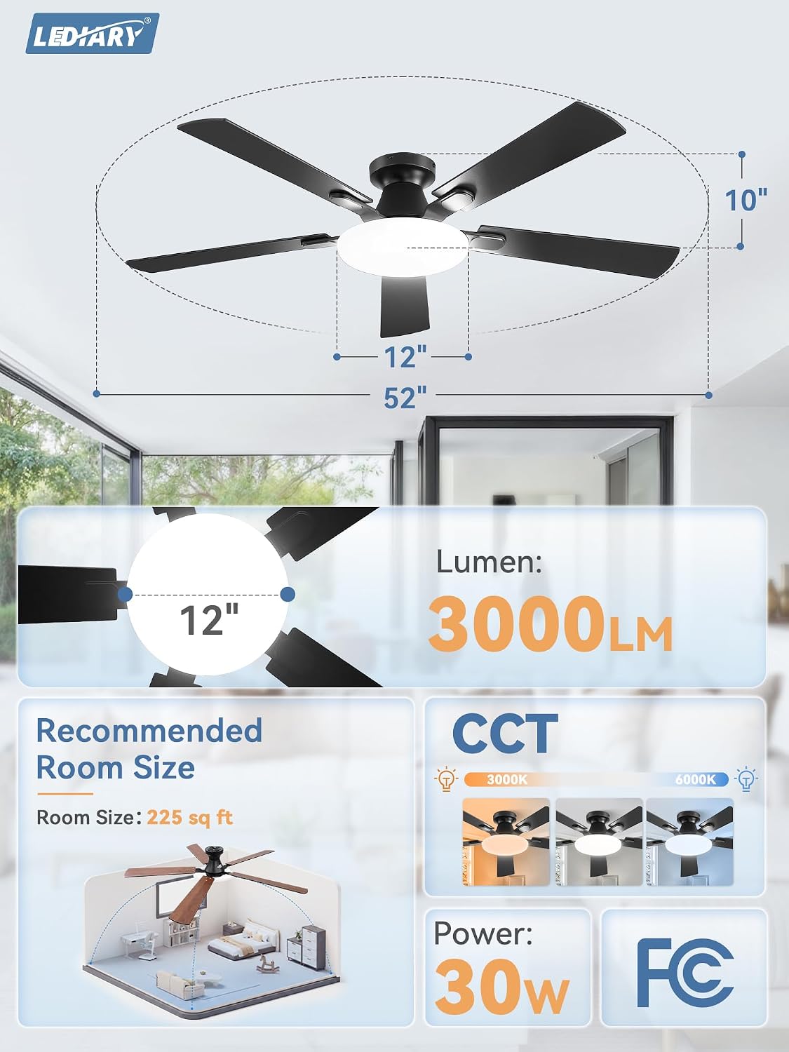 Thumbnail 6 de LEDIARY 52 Inch Flush Mount Ceiling Fan with Lights, Remote & APP Control