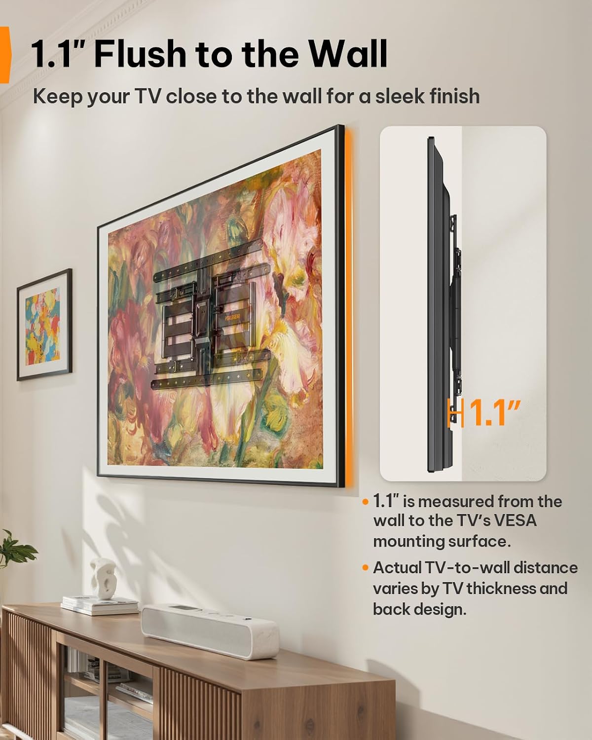 Thumbnail 2 de Perlegear Ultra Slim TV Wall Mount (1.1" Low Profile) Full Motion for 42–90" TVs, VESA 200x200–600x400, 132 lb Capacity