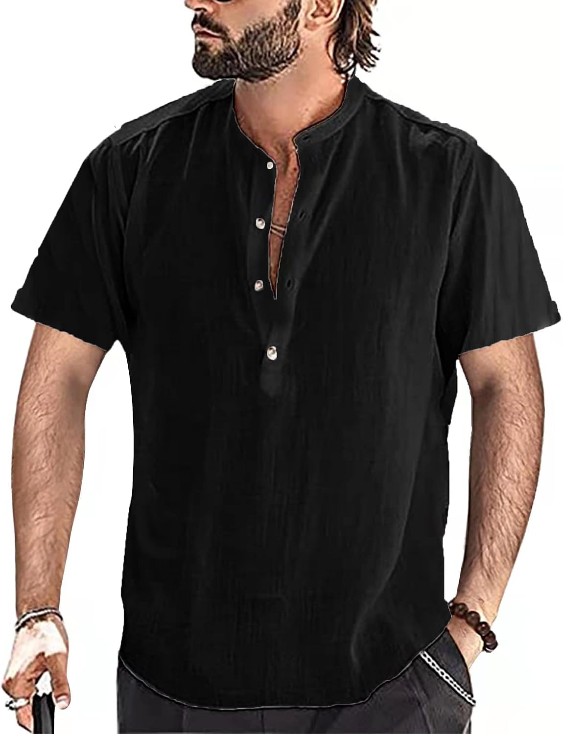 Detalle de YAOBAOLE Chemise Lin Homme Manches Courtes – Henley estival en coton-lin
