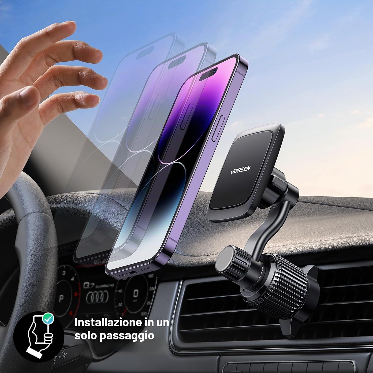 Detalle 2 de UGREEN Supporto Telefono Auto Magnetico: porta cellulare con gancio in metallo e testa rotante per auto