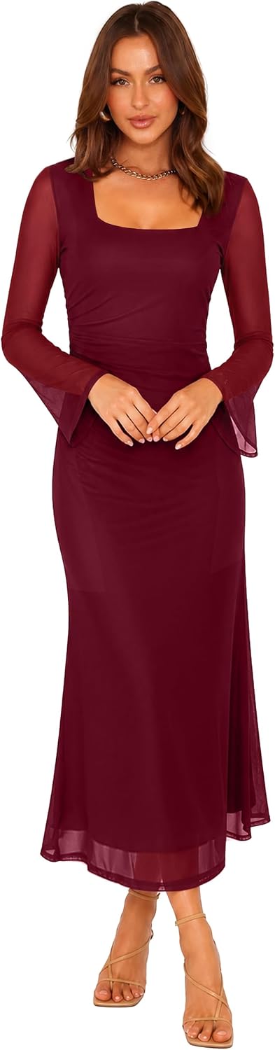 Detalle 2 de Sipaya Bodycon Maxi Dress with Square Neck, Sheer Sleeves and Ruched Waist