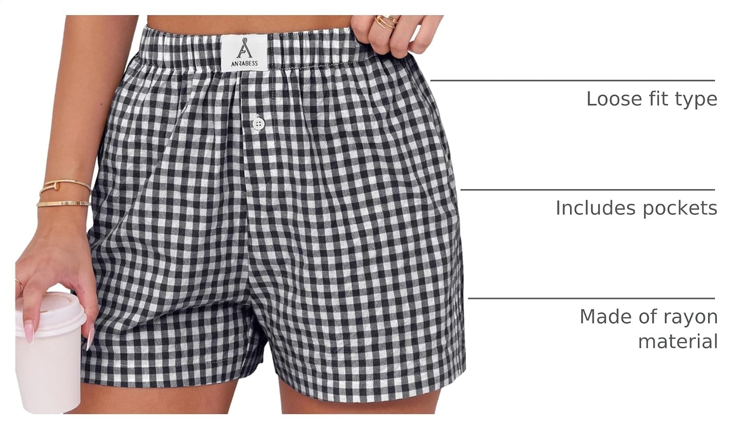 Detalle 2 de ANRABESS Women's Gingham Boxer Shorts Pajama (2026 Summer) – Loose Fit, Elastic Waist, Pockets