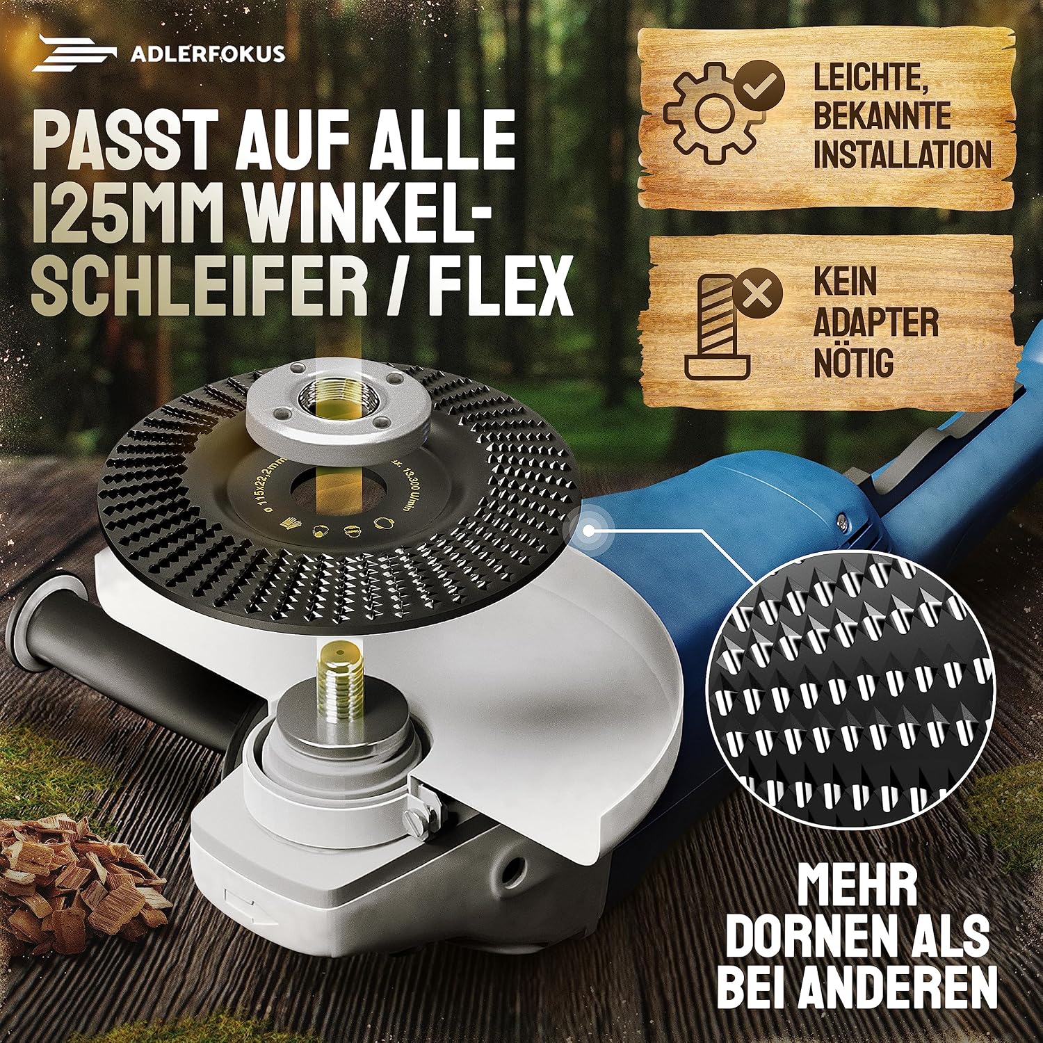 Detalle de Adlerfokus Holz-Schleifscheibe für Winkelschleifer, 115 mm – Flexscheibe mit vielen scharfen Dornen