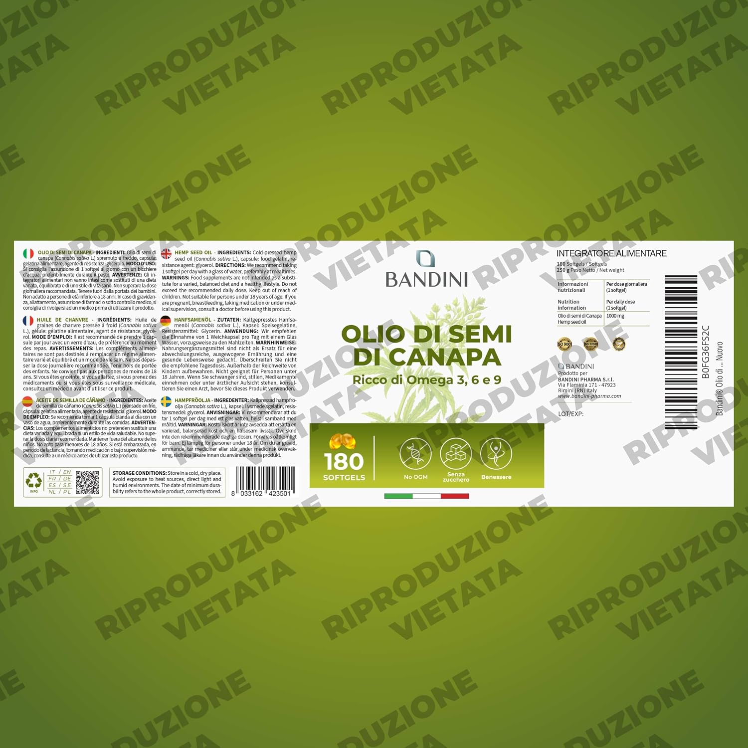 Detalle 1 de BANDINI Hennepzaadolie 1000 mg, 180 vegan softgels met omega 3, 6 en 9