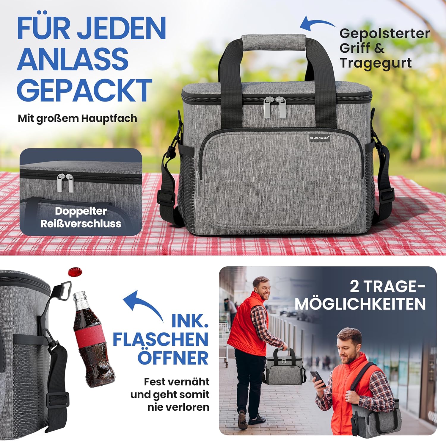 Detalle 2 de HELDENWERK® Kühltasche groß faltbar mit 12h Kühlleistung und 6 Fächern – auslaufsicher & wasserdicht