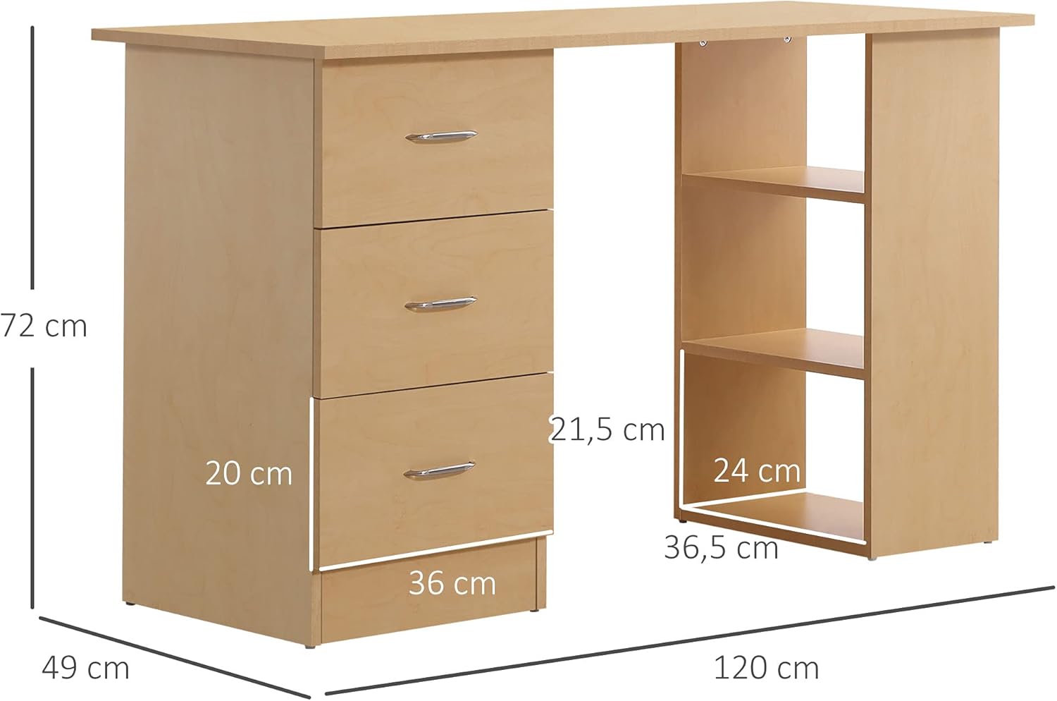 Detalle de HOMCOM Bureau d'ordinateur avec 3 tiroirs et 3 étagères – 120 x 49 x 72 cm, bois clair, rangement réversible