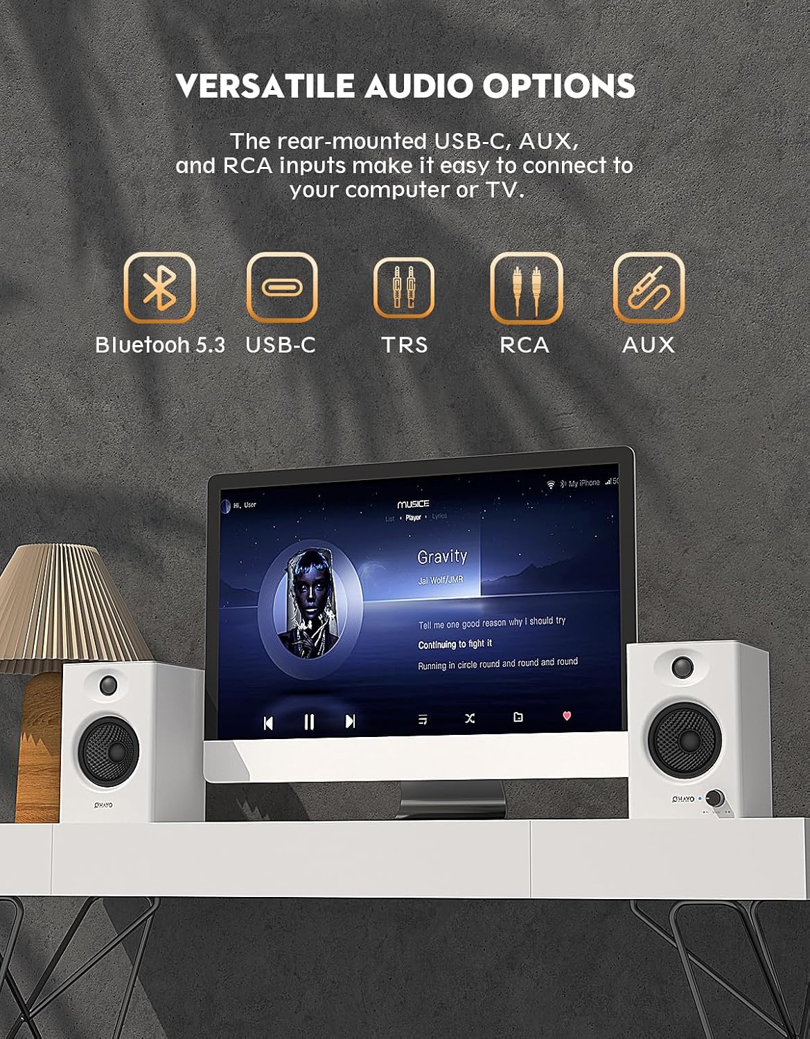 Detalle 2 de OHAYO C6 Computer Speakers, 60W Stereo, Bluetooth 5.3, White