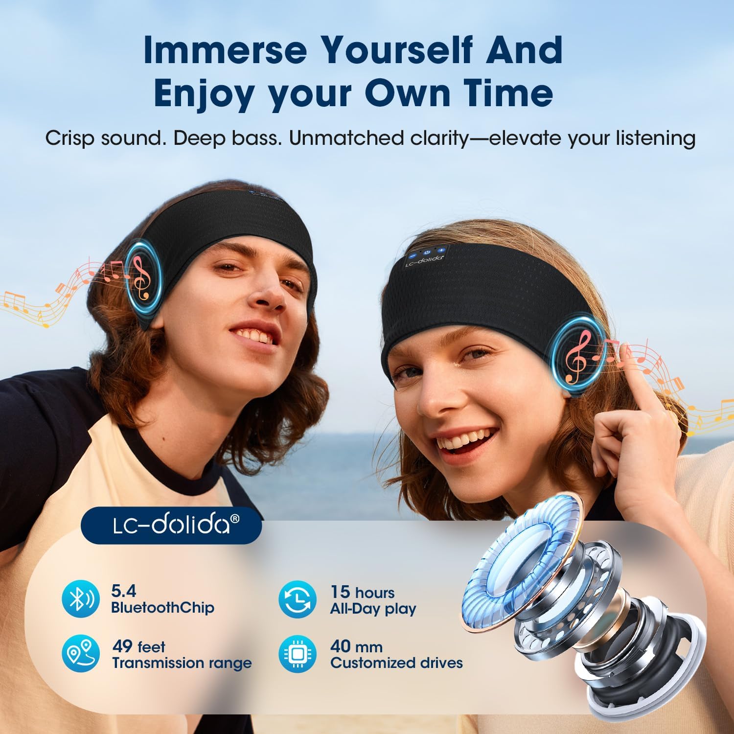 Detalle de LC-dolida Schlafkopfhörer Bluetooth Stirnband – Schlafstirnband mit HiFi-Stereo, 15 Std. Akkulaufzeit