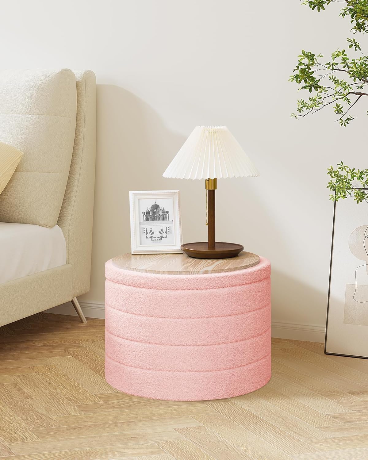 Thumbnail 1 de Bonlife Extra Large Folding Round Ottoman with Storage (Boucle) – Pink, 56 x 56 x 40cm