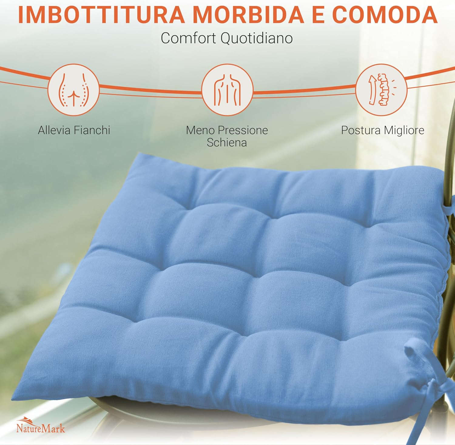 Thumbnail 4 de NatureMark Set 8 Cuscini per Sedie con Cordini 40x40 cm – Colore Azzurro