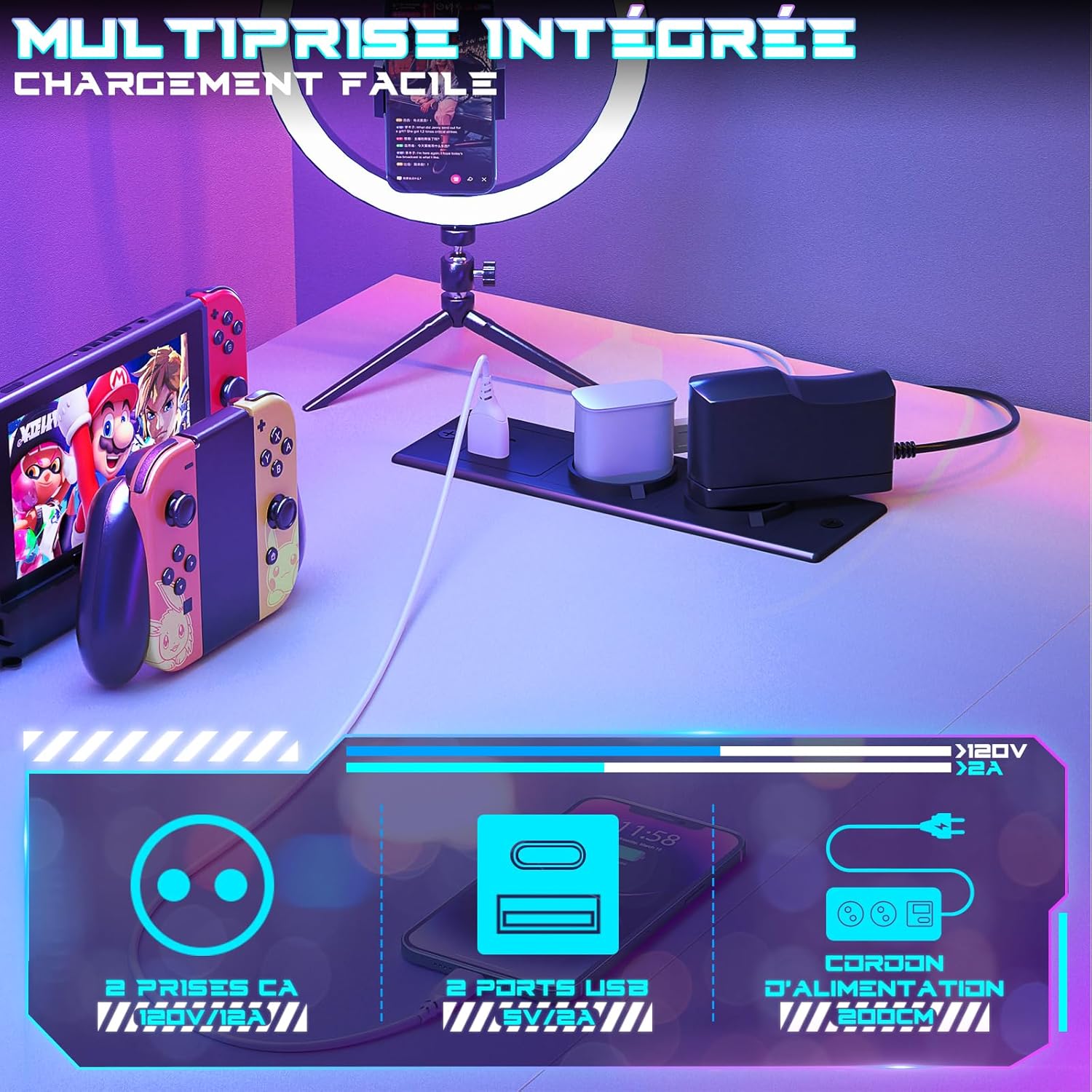 Detalle de iSunirm Bureau Gaming Blanc 100×50cm – Bureau gaming compact avec LED RGB, 2 prises et 2 USB intégrés