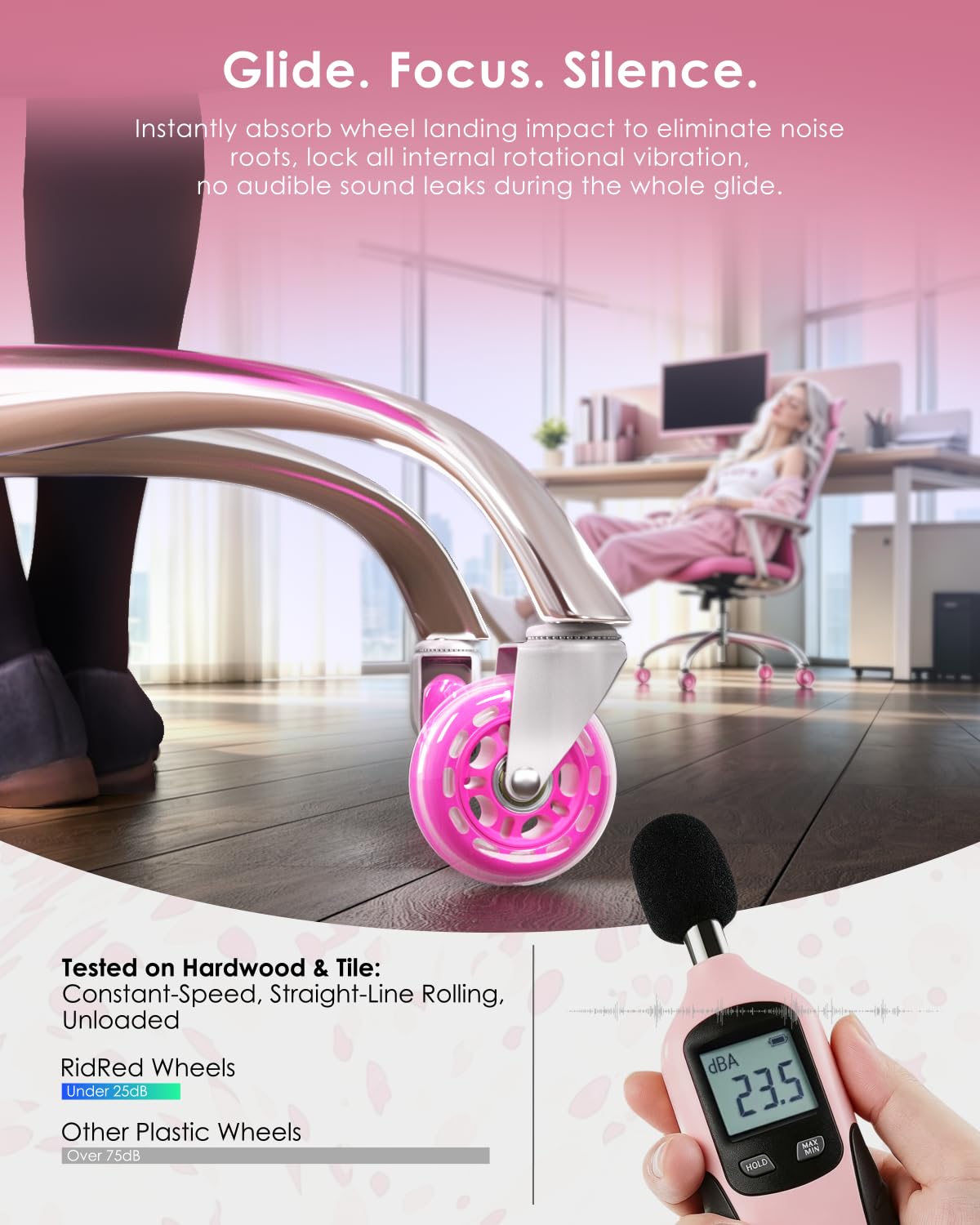 Detalle 1 de RidRed OCW-001-Pink Office Chair Casters, Pink Polyurethane, 5-Pack