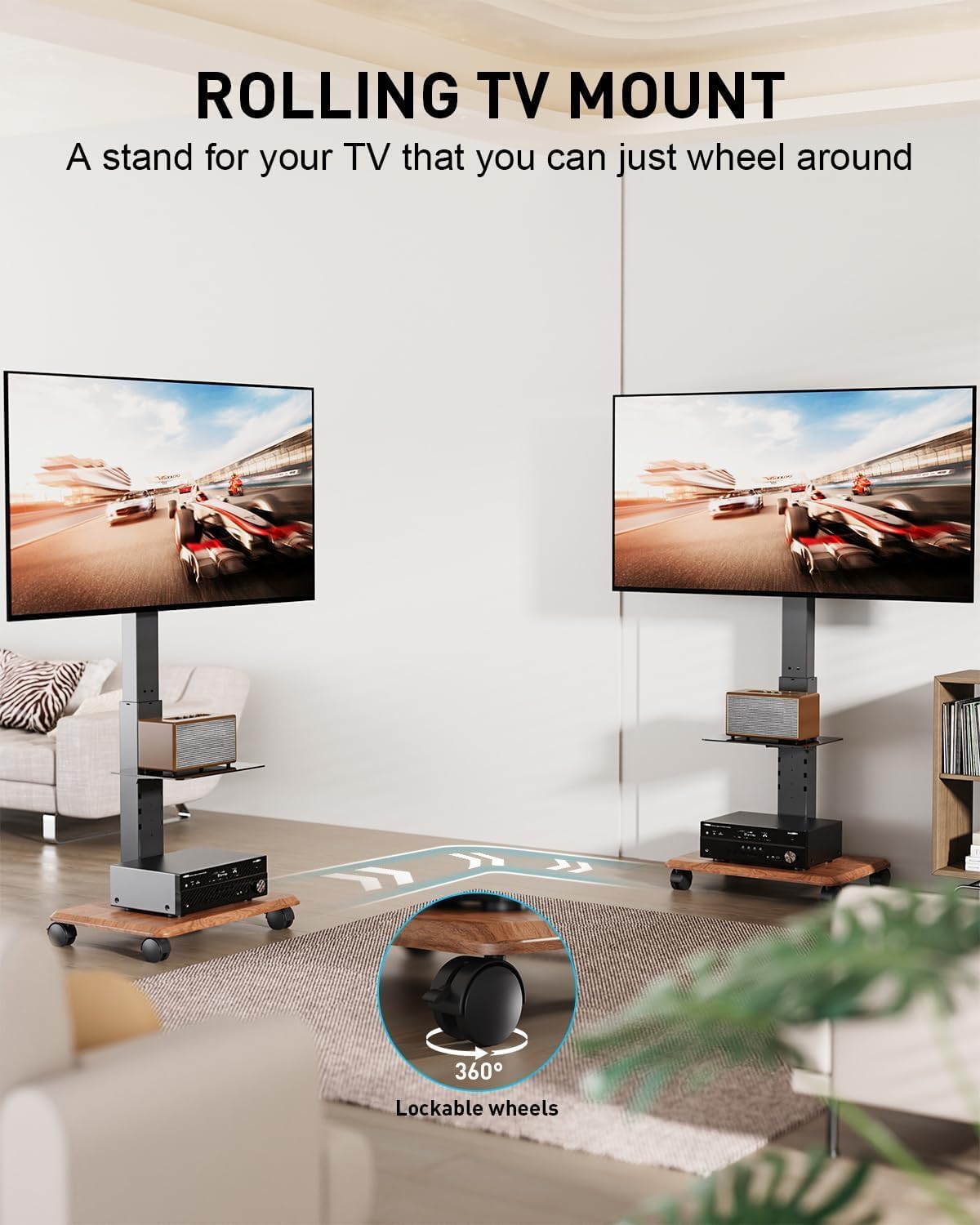 Detalle de Xyndyx Rolling TV Stand, 32–75-Inch TVs