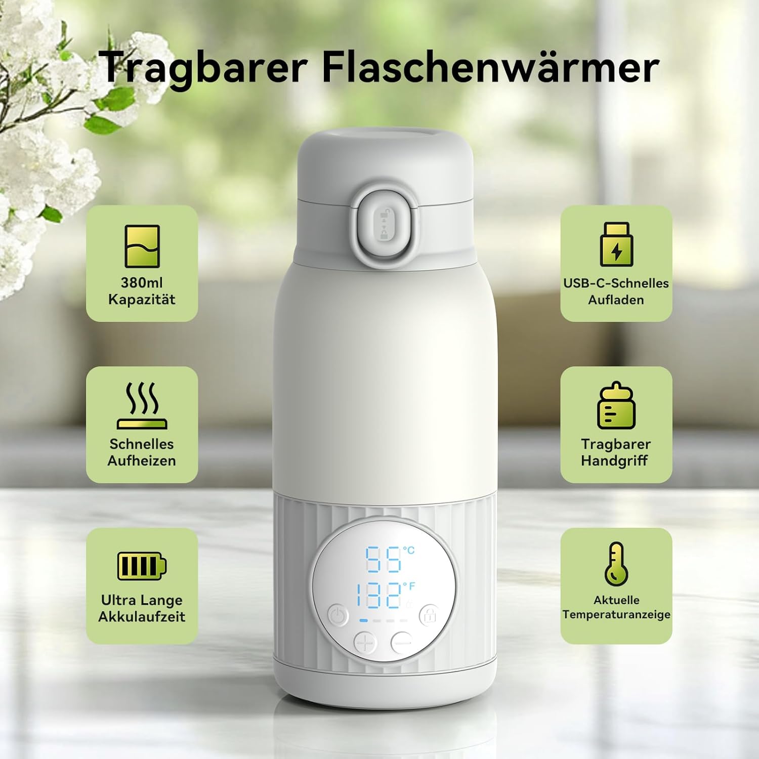 Detalle de APZOKI Tragbarer Flaschenwärmer – 380 ml interner Akku, 10.000 mAh, USB-C, 100 W Schnellaufheizung