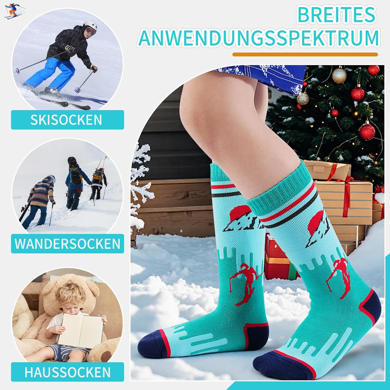 Thumbnail 3 de ELUTONG Kinder Skisocken (2 Paar) für 3–10 Jahre – warme Thermo-Socken mit Sonnenaufgangs- und Schneemannmotiven