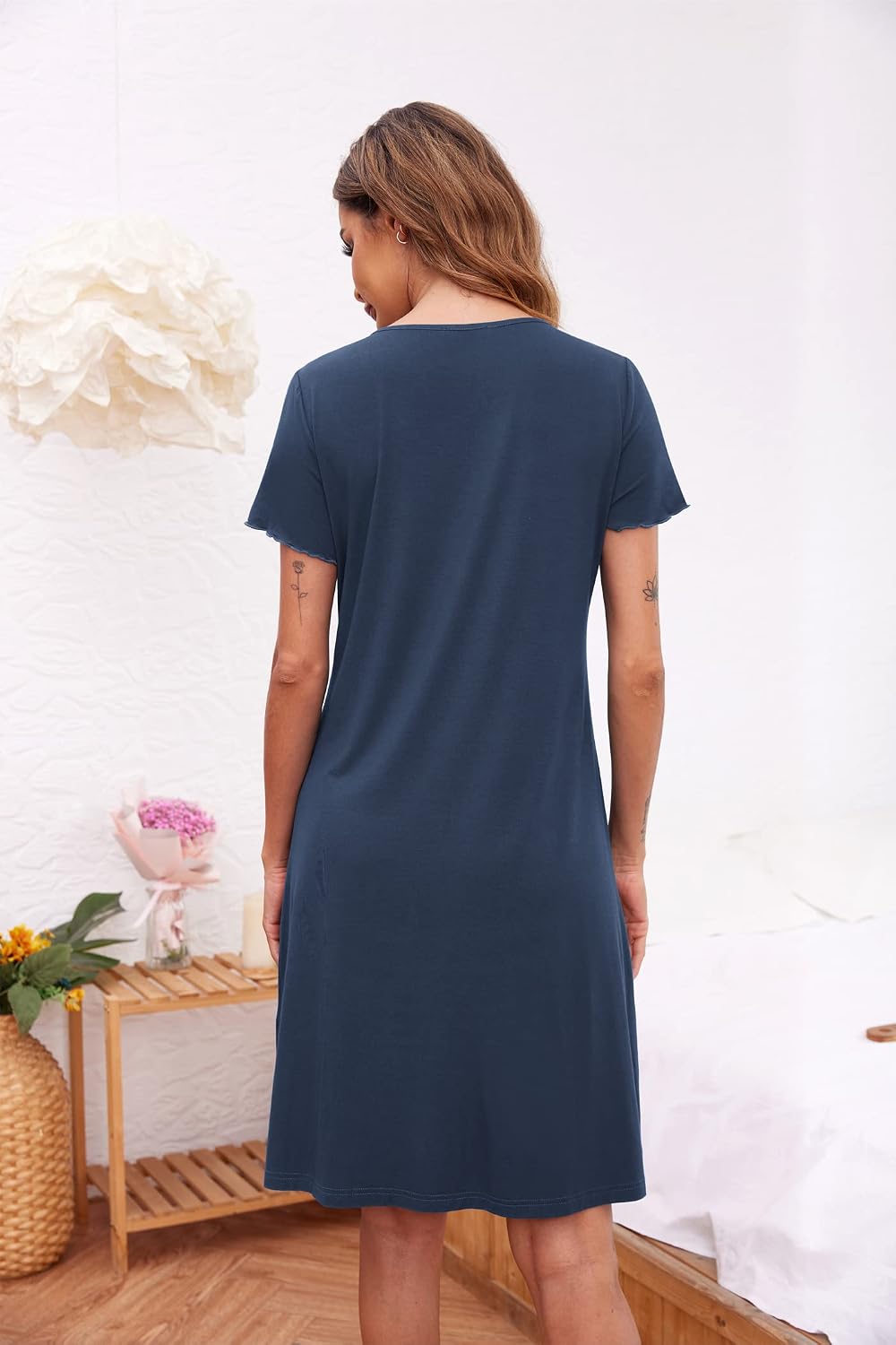 Detalle de Ekouaer Women's Button-Down Nightshirt, Short-Sleeve V-Neck Sleep Dress