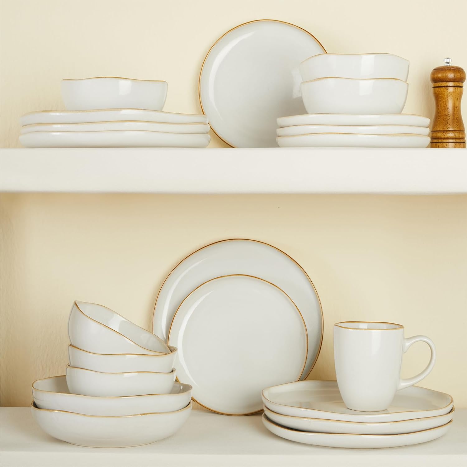 Thumbnail 6 de Pokini 18-Piece White Reactive Glaze Dinnerware Set for 6 (Stoneware) with Irregular Coastal Edges