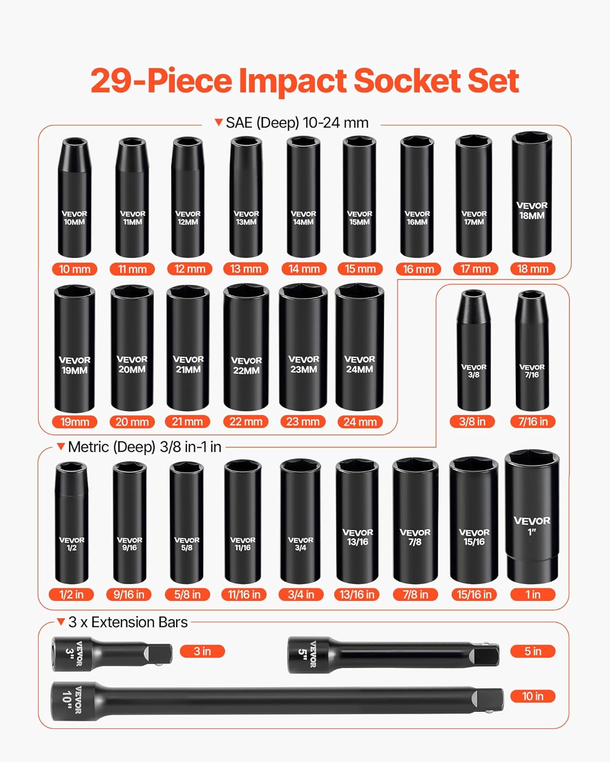Detalle de VEVOR 1/2" Drive Impact Socket Set 29-Piece