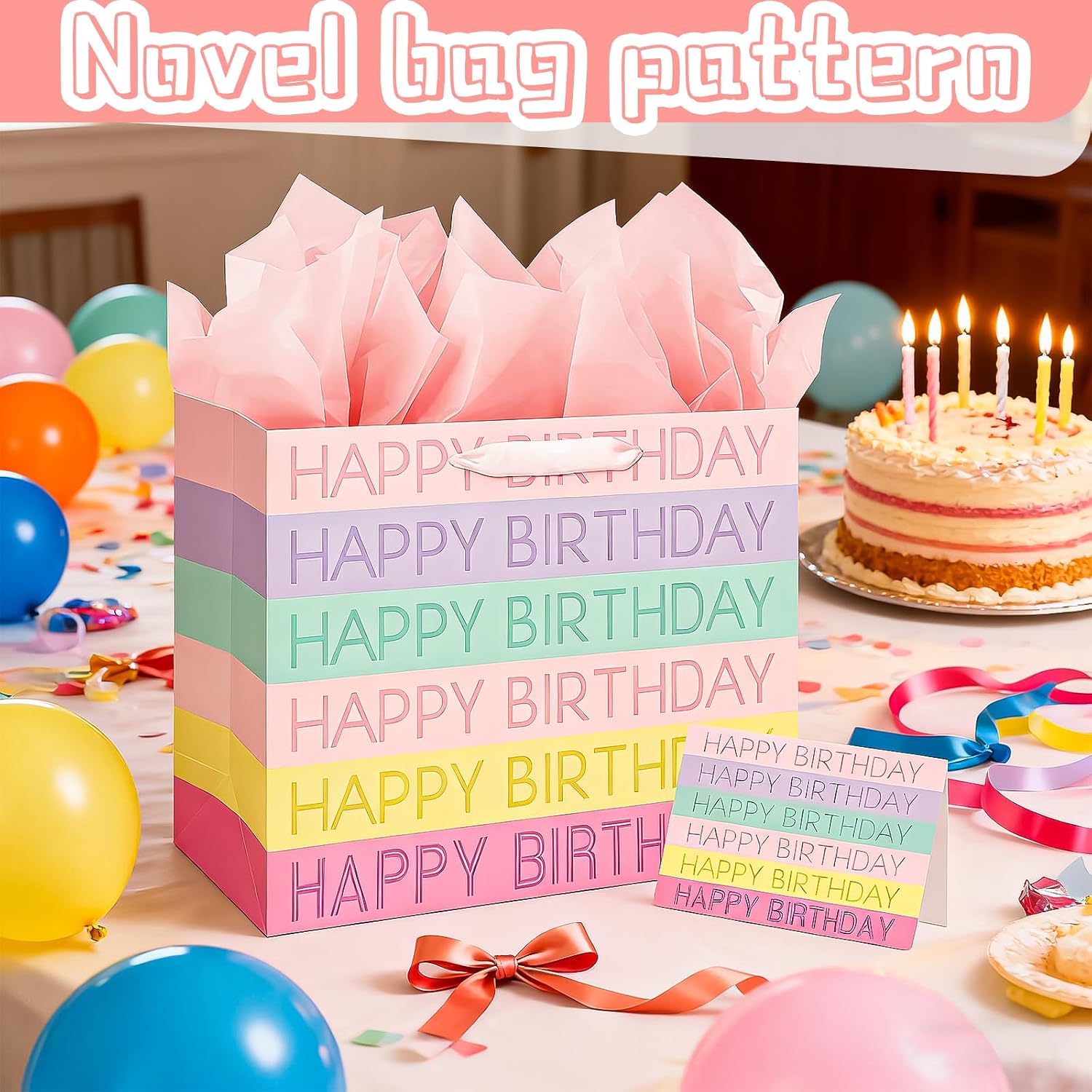 Thumbnail 2 de 2pc Happy Birthday gift bags (pink) with tissue paper and greeting cards
