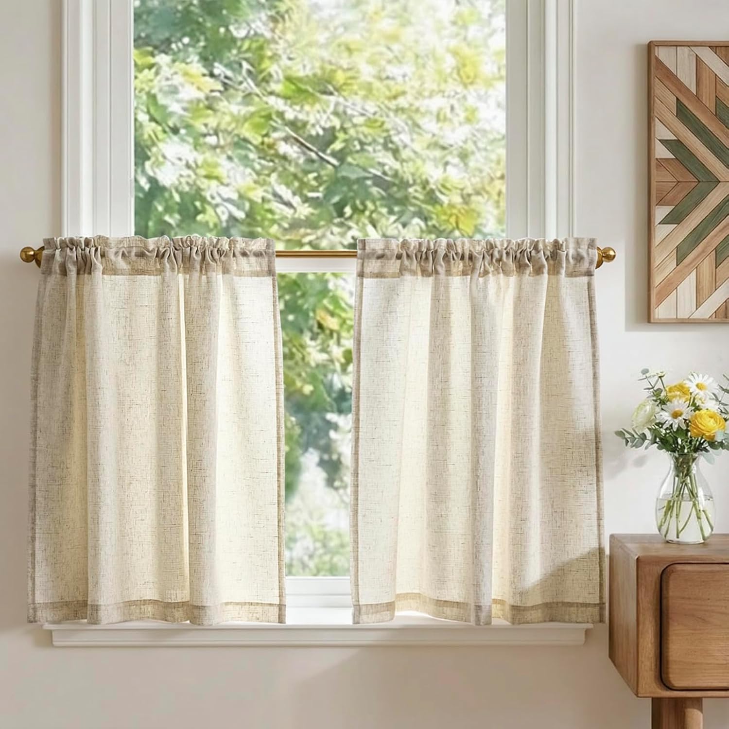 Detalle de TOPICK Rideaux Cuisine Court Brise Bise Beige 65L x 75H cm – 2 panneaux à passe-tringle