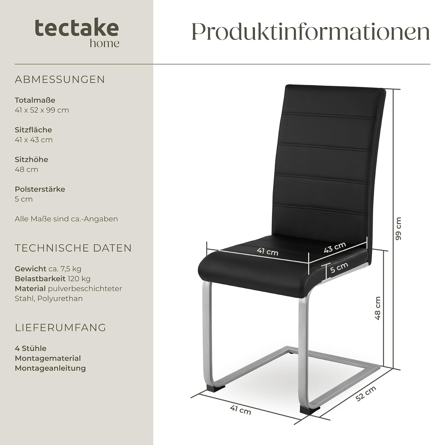 Detalle de tectake® 4er-Set Esszimmerstühle mit Freischwinger-Funktion und Rückenlehne (schwarz)