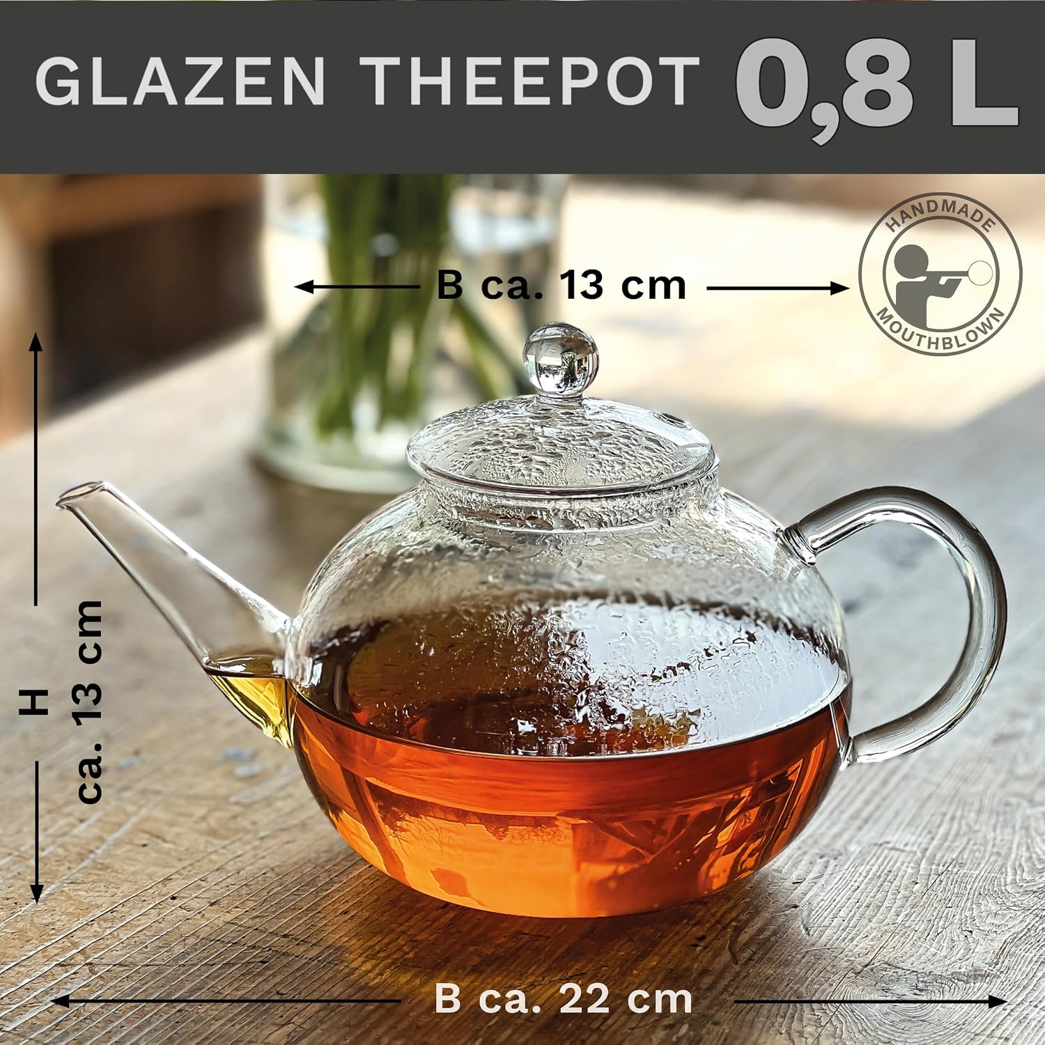 Detalle de Creano 061 platte glazen theepot 800 ml met RVS-filter en borosilicaatglas