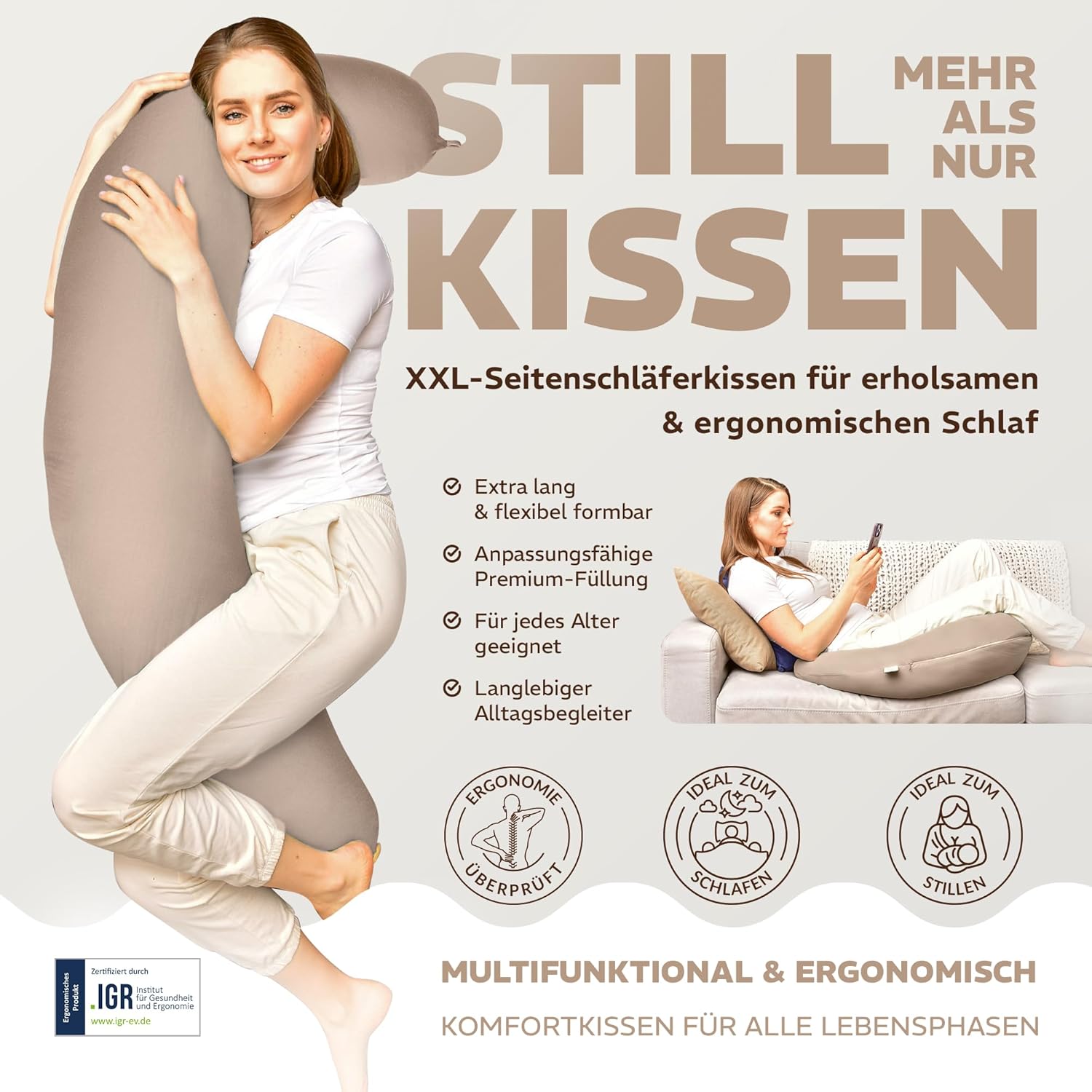 Thumbnail 1 de sei Design Stillkissen XXL 190x35 cm – Ergonomisch zertifiziert, waschbar, mit Faserbällchenfüllung und Premium-Jersey-Bezug