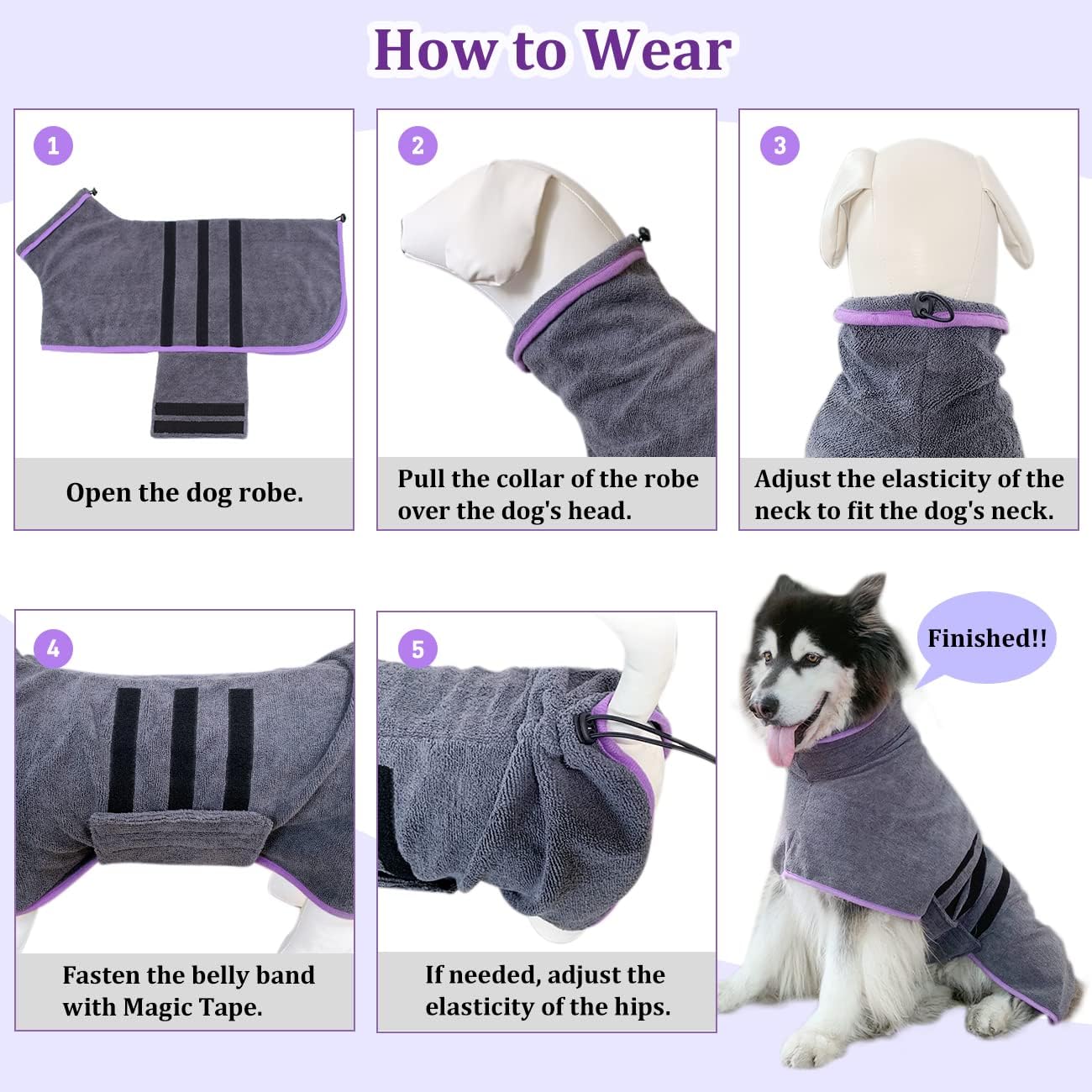 Detalle de Dog Drying Coat Bathrobe Towel – Microfibre, Quick-Dry, Adjustable Fit for All Breeds