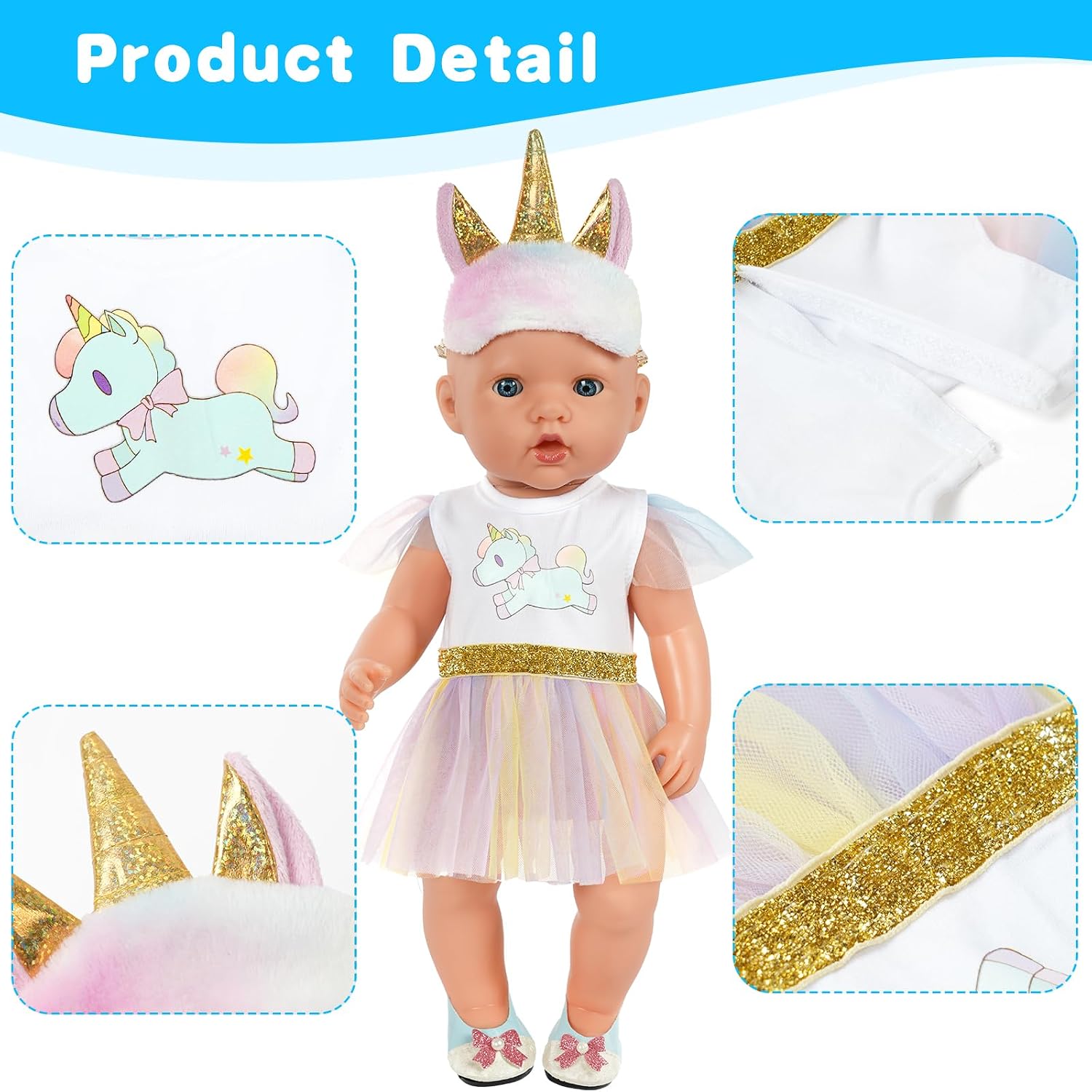 Detalle de Set vestiti per bambola Aolso con unicorno (abito, cappello, scarpe e gruccia) per bambole 35–45 cm