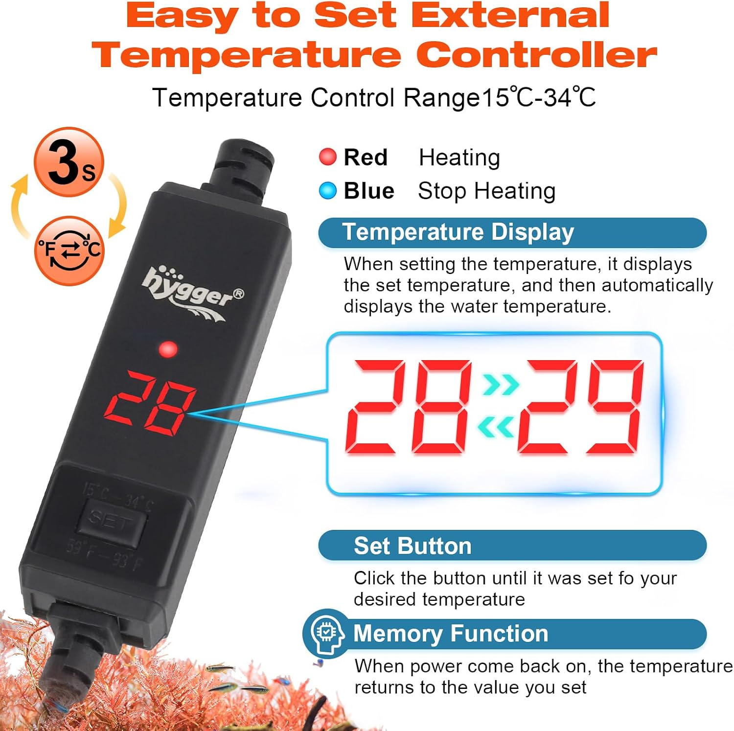 Thumbnail 1 de hygger Submersible Aquarium Heater 25W